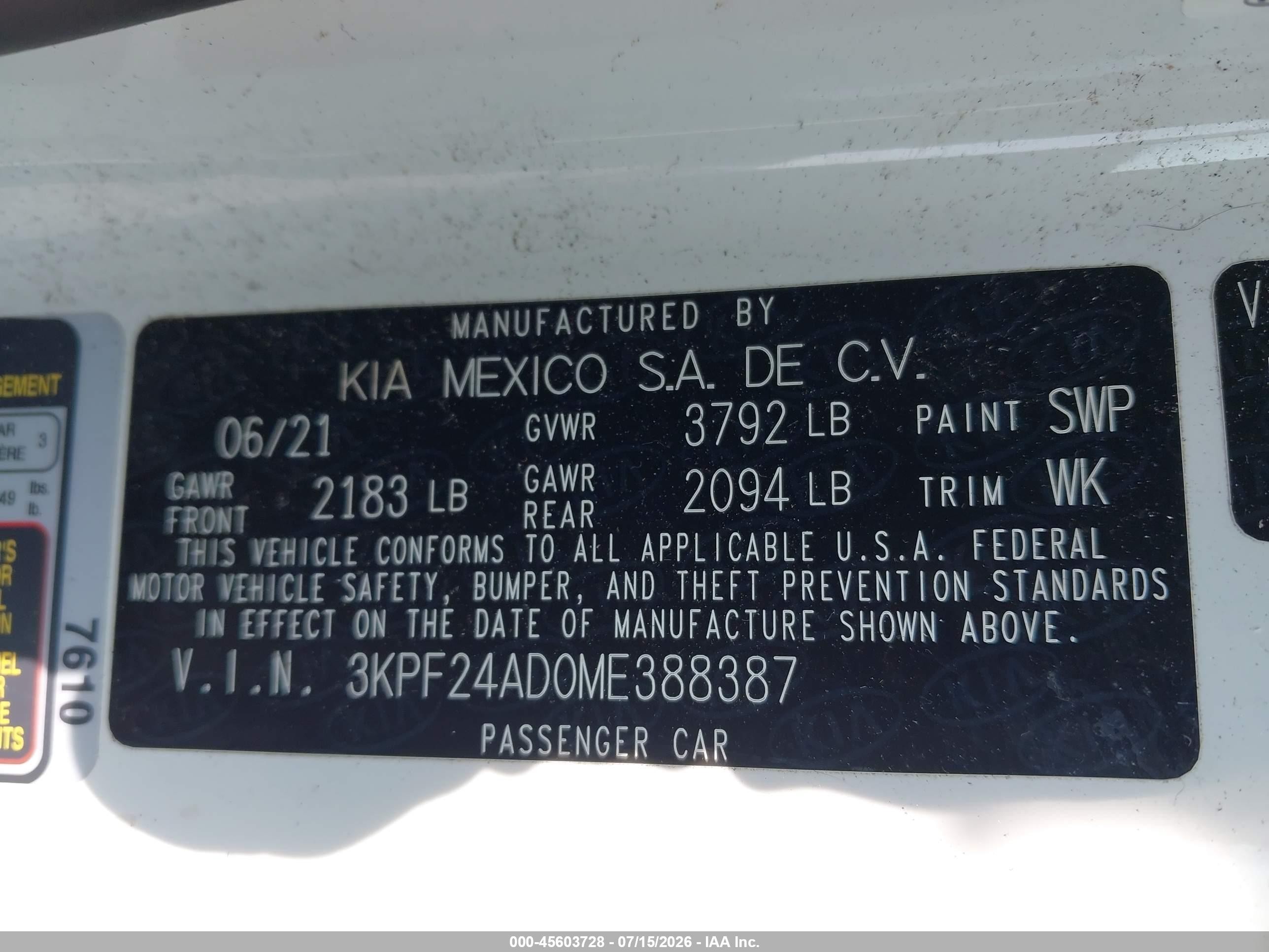 2021 Kia Forte Lxs White vin: 3KPF24AD0ME388387