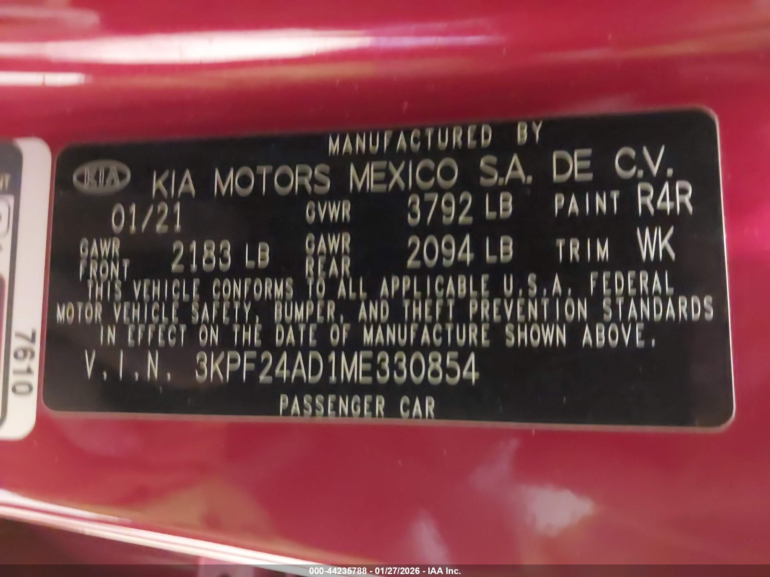 2021 Kia Forte Lxs Red vin: 3KPF24AD1ME330854