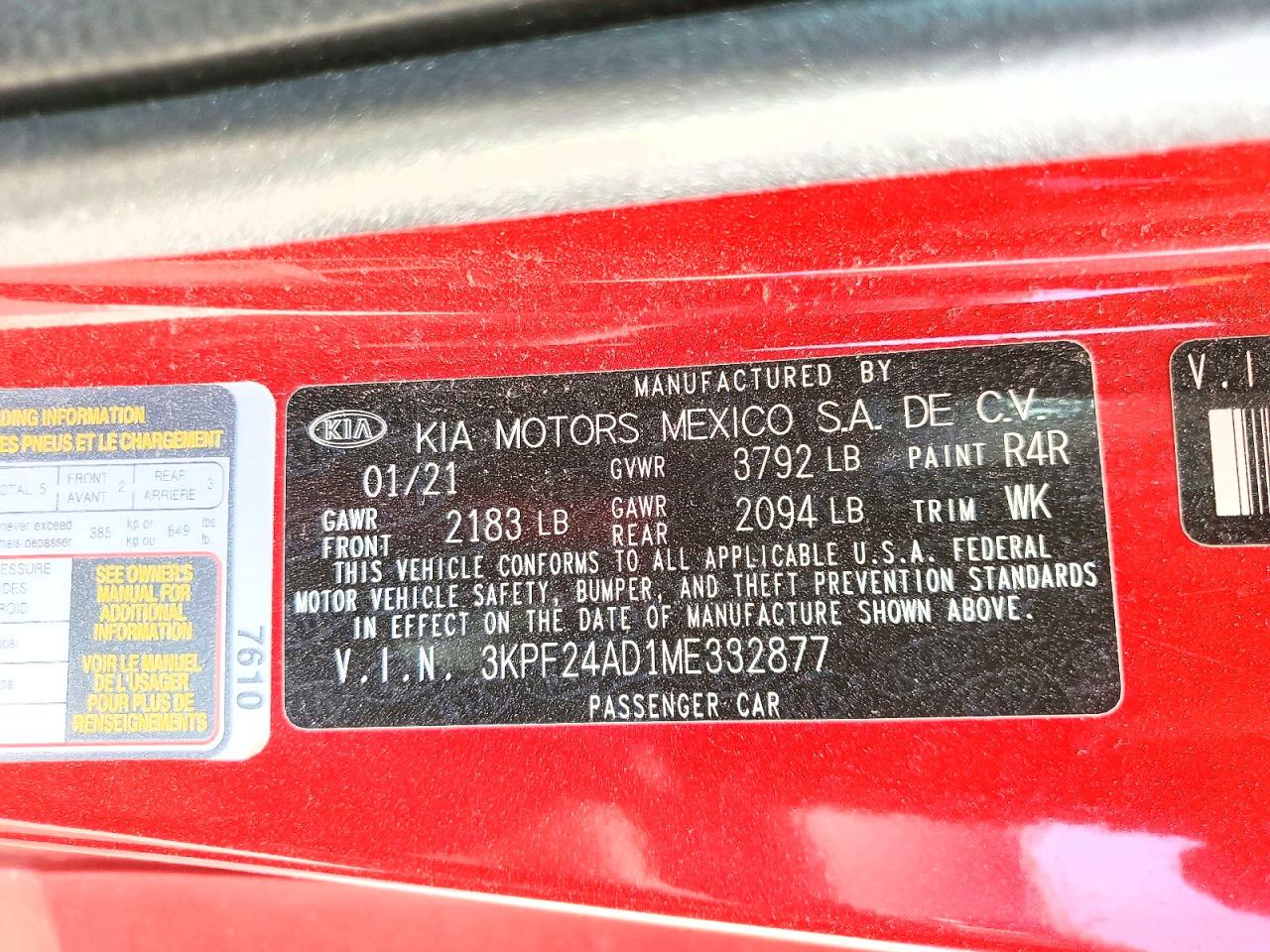 2021 Kia Forte Lxs Red vin: 3KPF24AD1ME332877