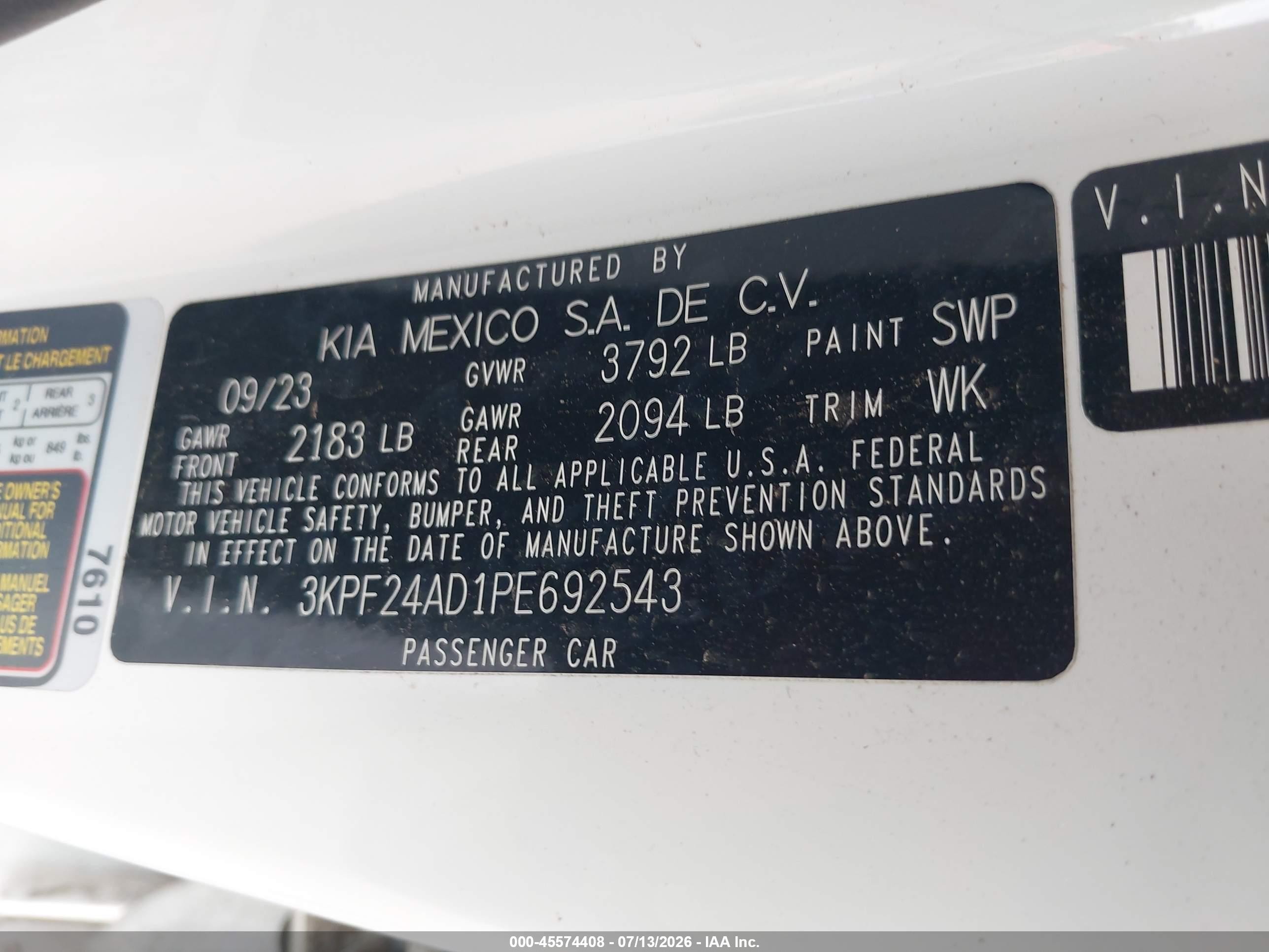 2023 Kia Forte Lxs White vin: 3KPF24AD1PE692543