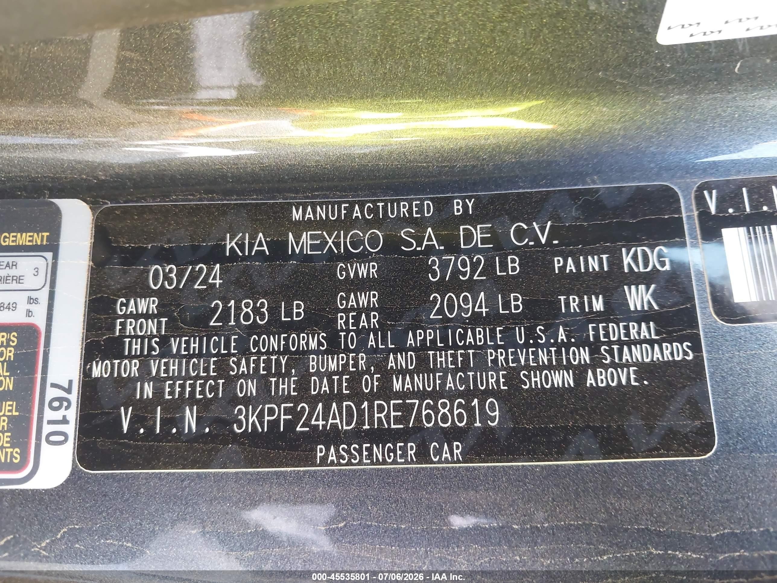 2024 Kia Forte Lxs Gray vin: 3KPF24AD1RE768619