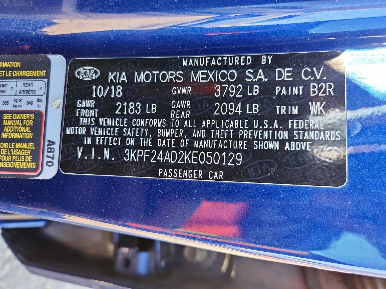 2019 Kia Forte Lxs Blue vin: 3KPF24AD2KE050129