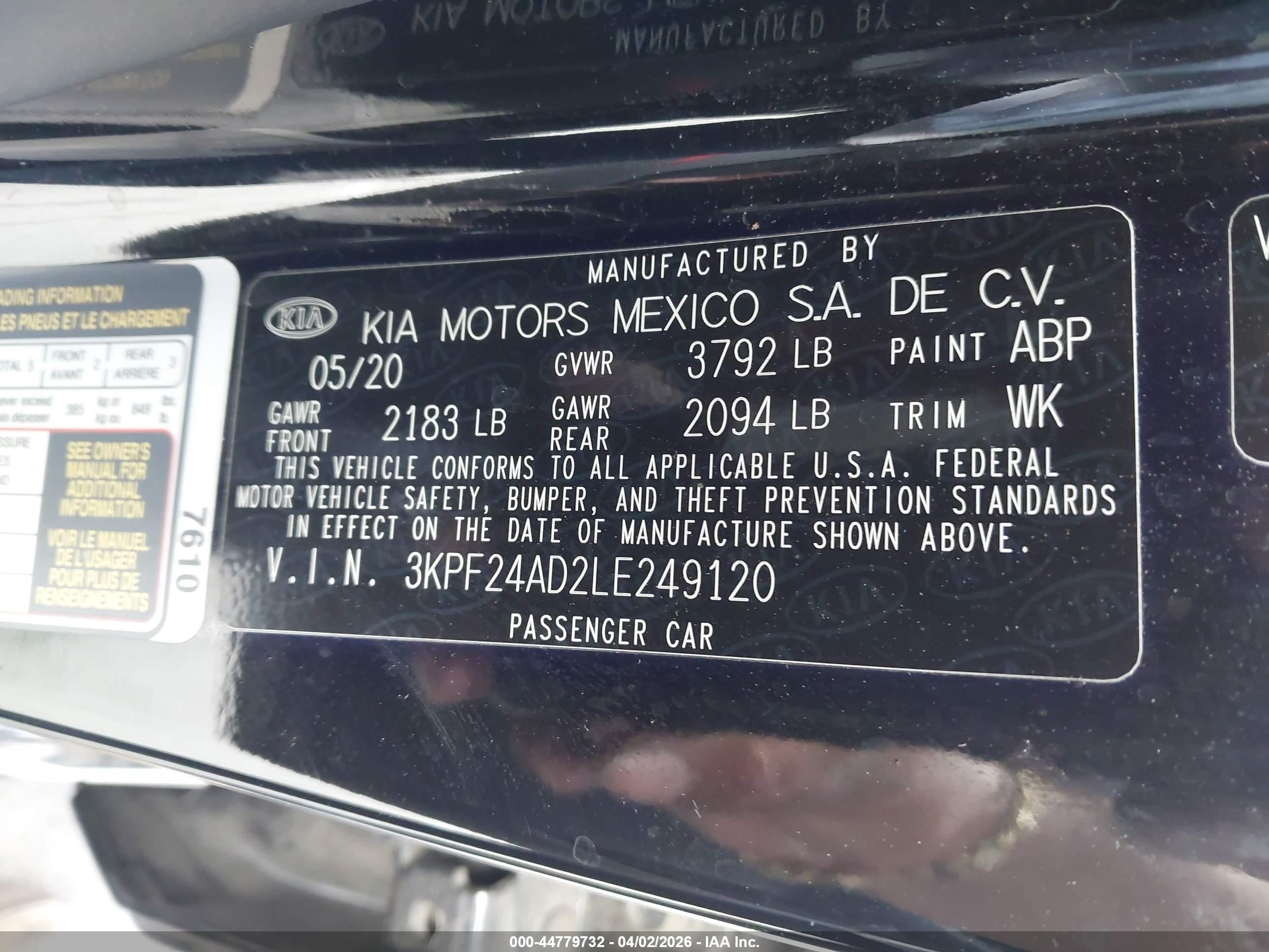 2020 Kia Forte Lxs Black vin: 3KPF24AD2LE249120