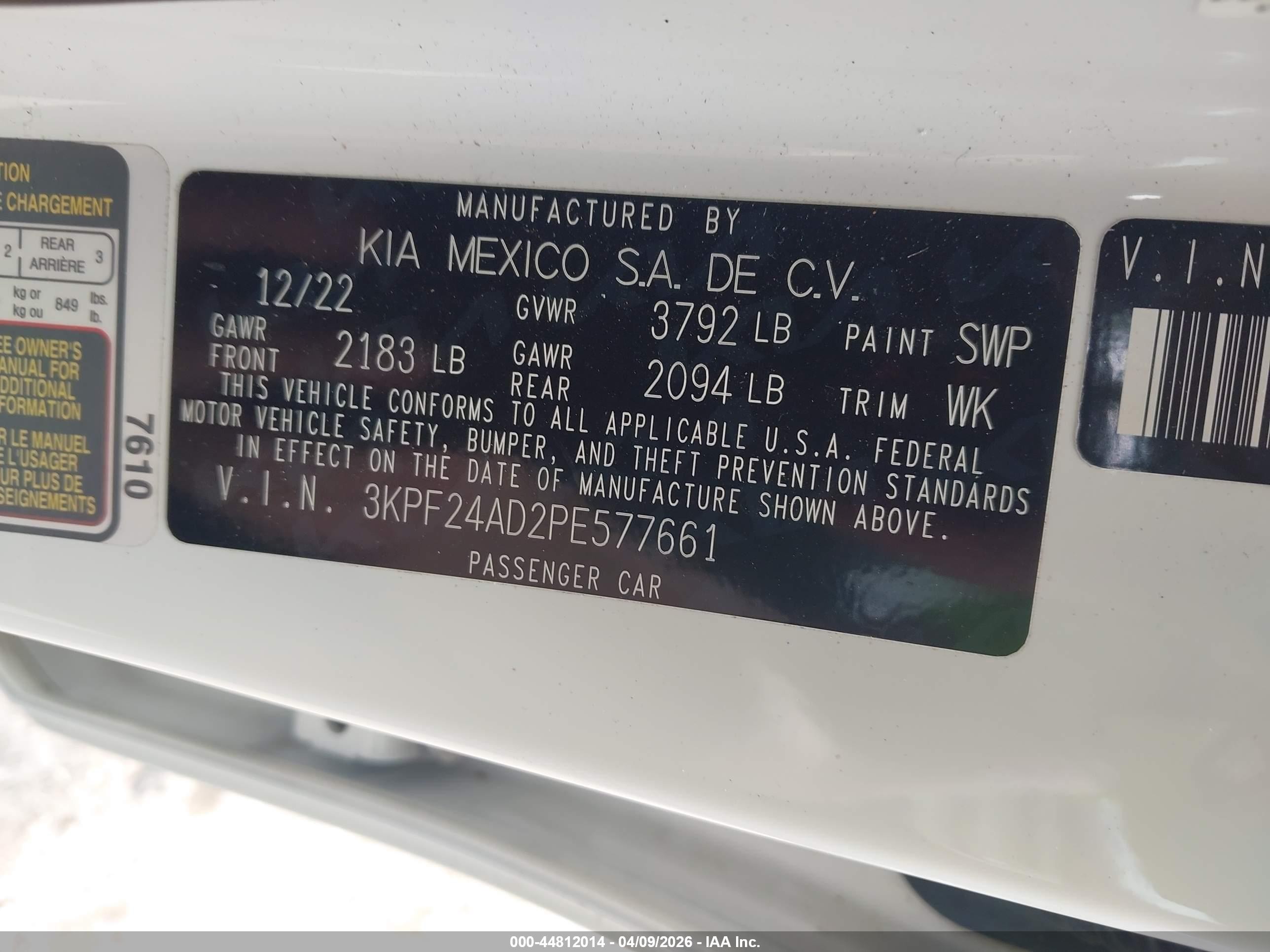 2023 Kia Forte Lxs White vin: 3KPF24AD2PE577661