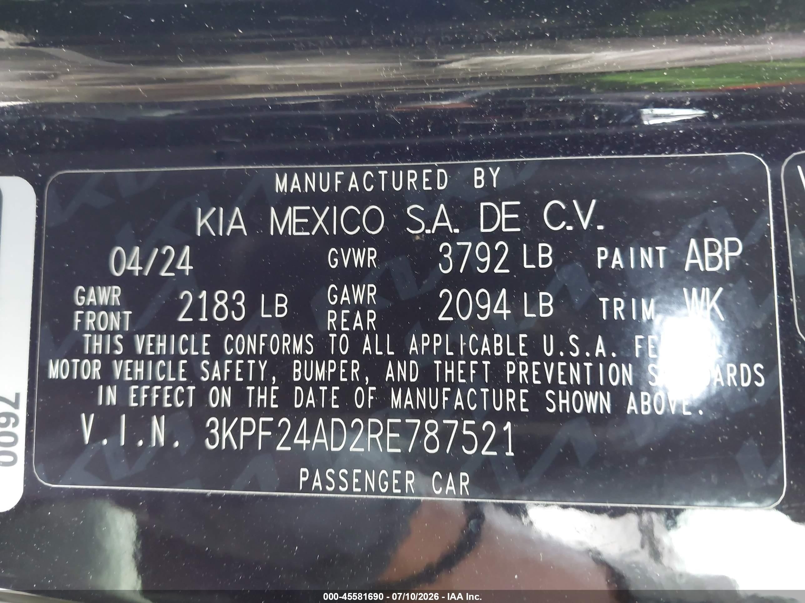 2024 Kia Forte Lx Black vin: 3KPF24AD2RE787521