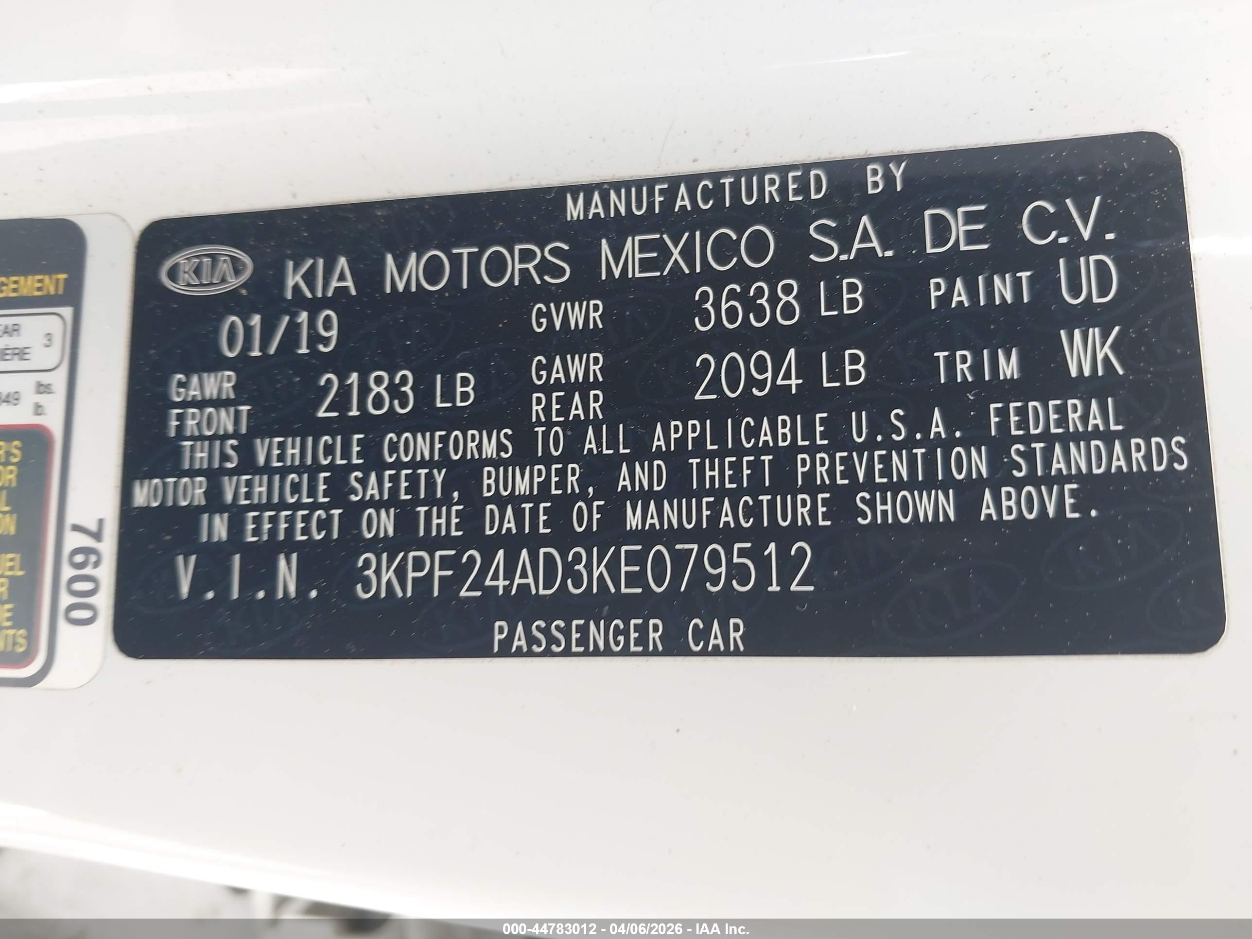 2019 Kia Forte Fe White vin: 3KPF24AD3KE079512