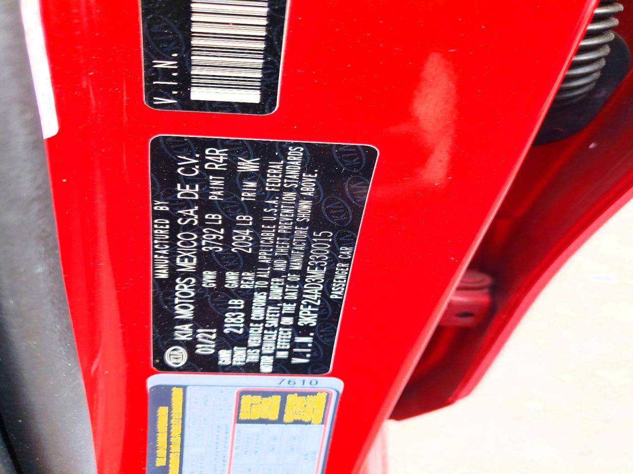 2021 Kia Forte Lxs Red vin: 3KPF24AD3ME330015