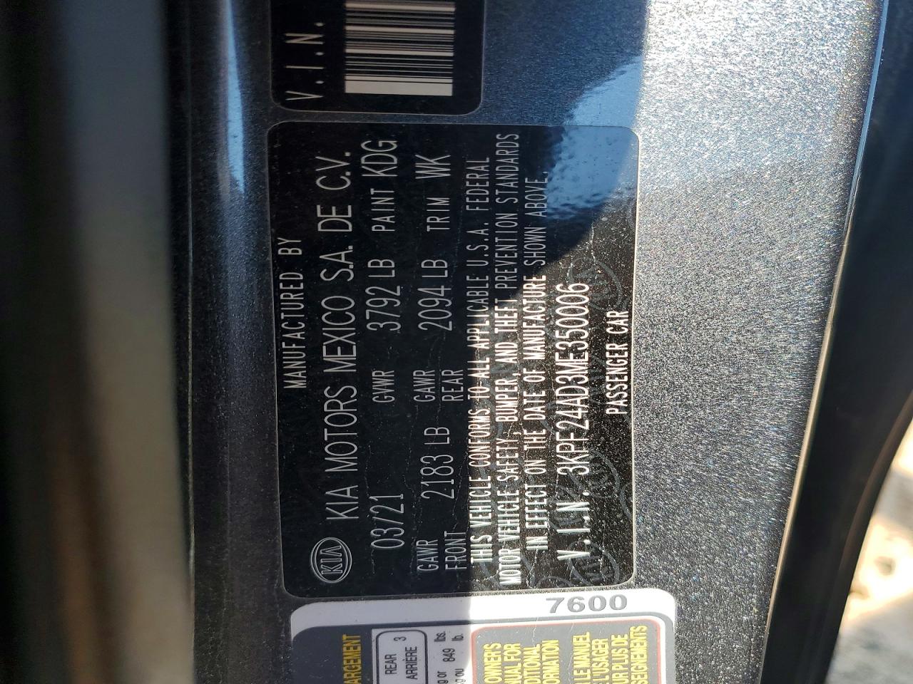 2021 Kia Forte Fe Charcoal vin: 3KPF24AD3ME350006