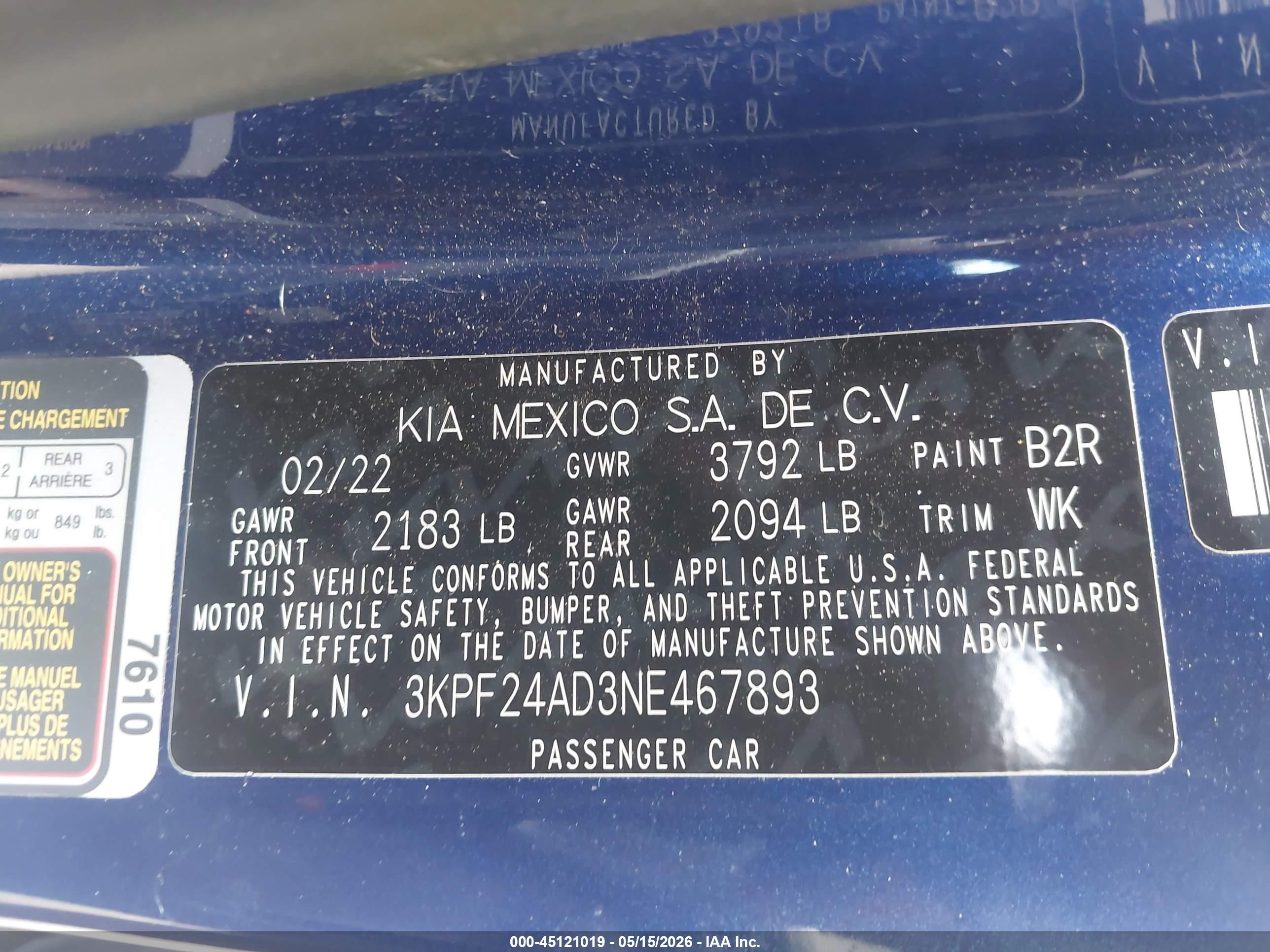 2022 Kia Forte Lxs Blue vin: 3KPF24AD3NE467893