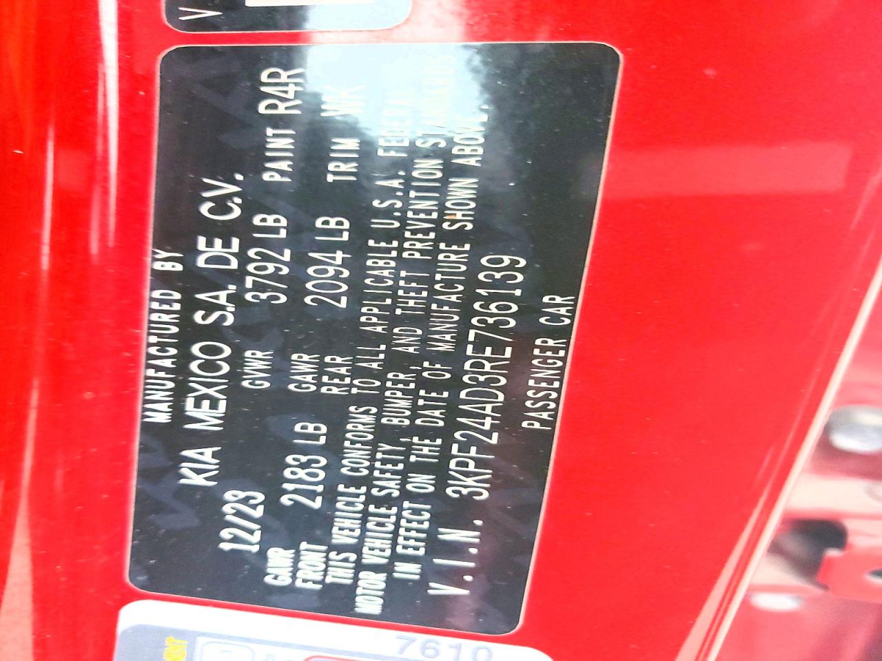 2024 Kia Forte Lxs Red vin: 3KPF24AD3RE736139