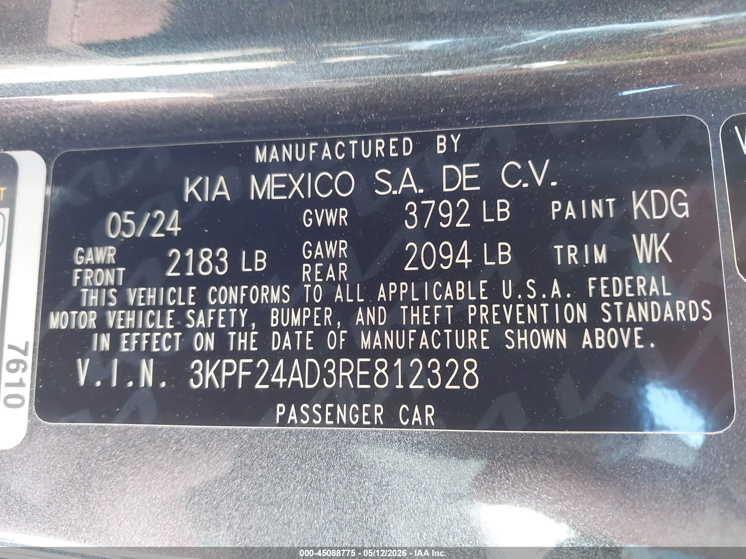 2024 Kia Forte Lxs Black vin: 3KPF24AD3RE812328