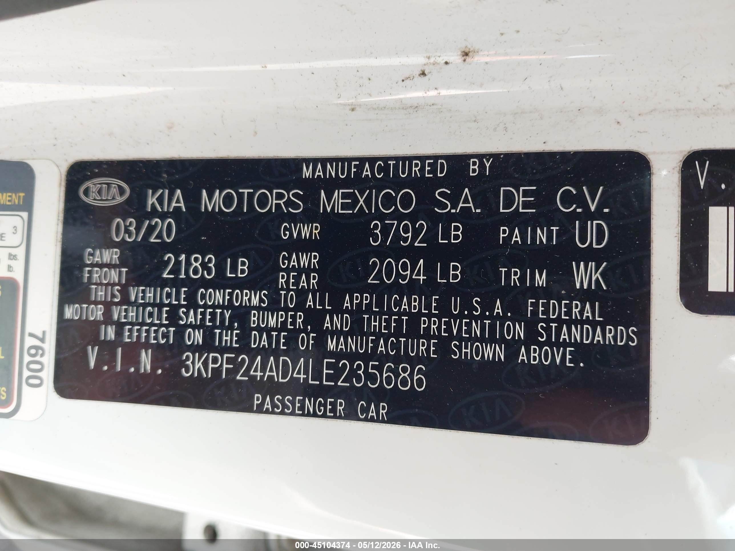 2020 Kia Forte Fe White vin: 3KPF24AD4LE235686