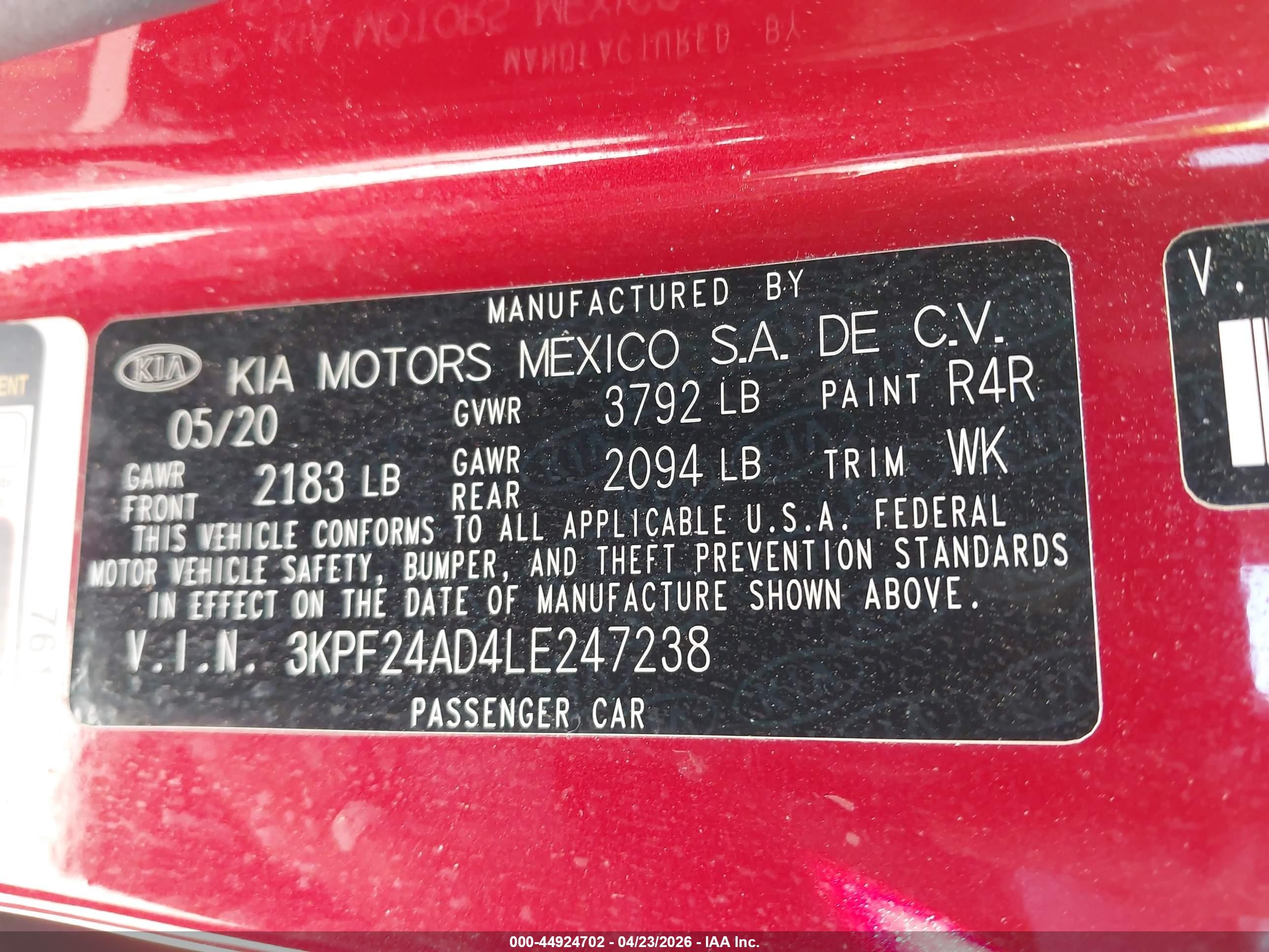2020 Kia Forte Lxs Red vin: 3KPF24AD4LE247238