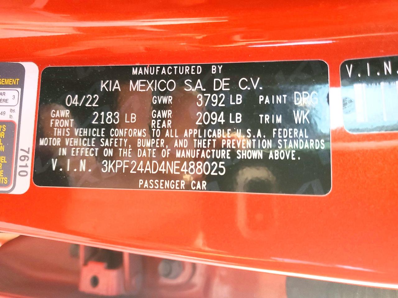 2022 Kia Forte Lxs Orange vin: 3KPF24AD4NE488025