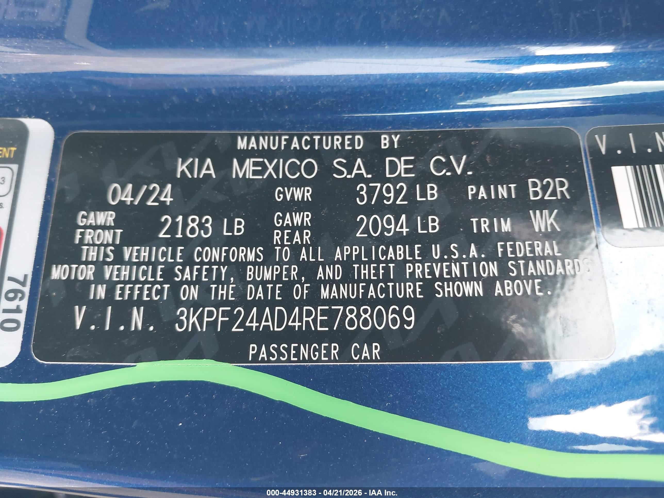 2024 Kia Forte Lxs Blue vin: 3KPF24AD4RE788069