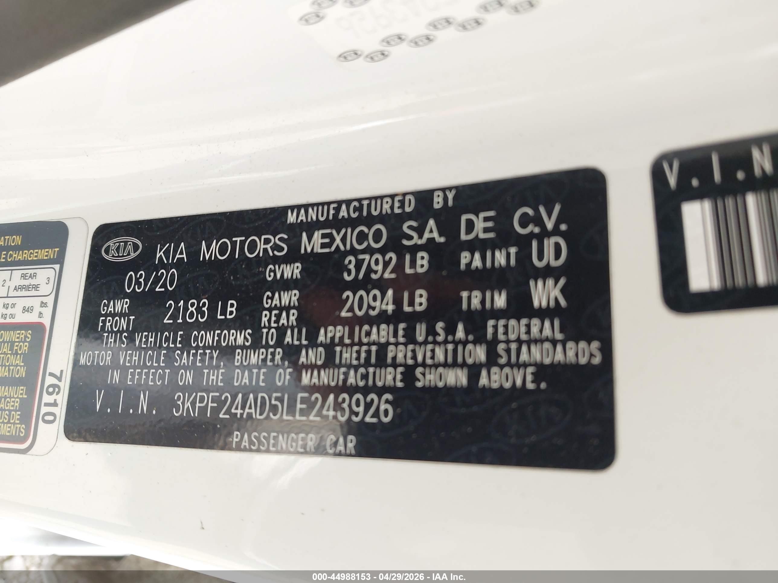 2020 Kia Forte Lxs White vin: 3KPF24AD5LE243926