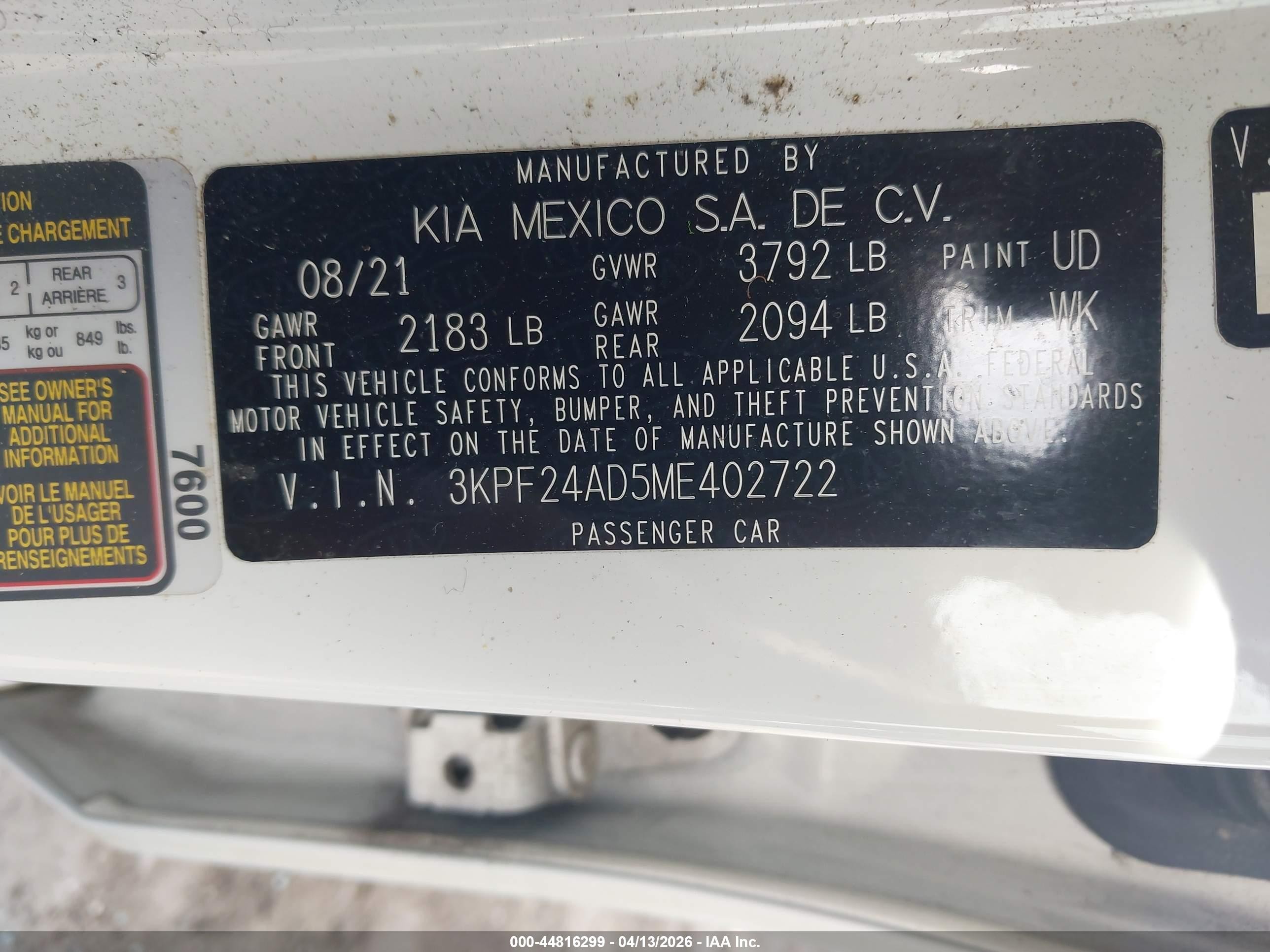 2021 Kia Forte Fe Белый vin: 3KPF24AD5ME402722