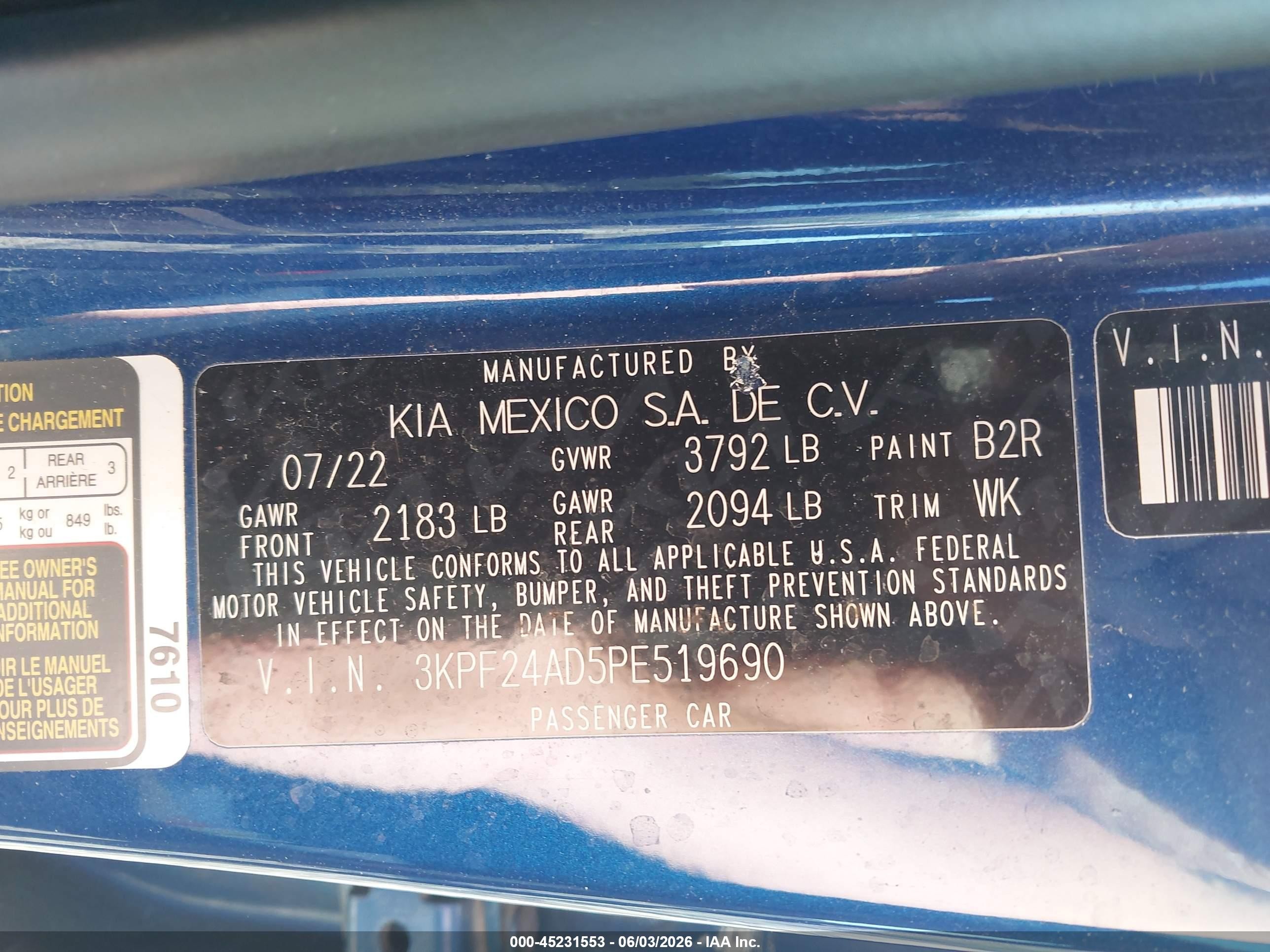 2023 Kia Forte Lxs Blue vin: 3KPF24AD5PE519690