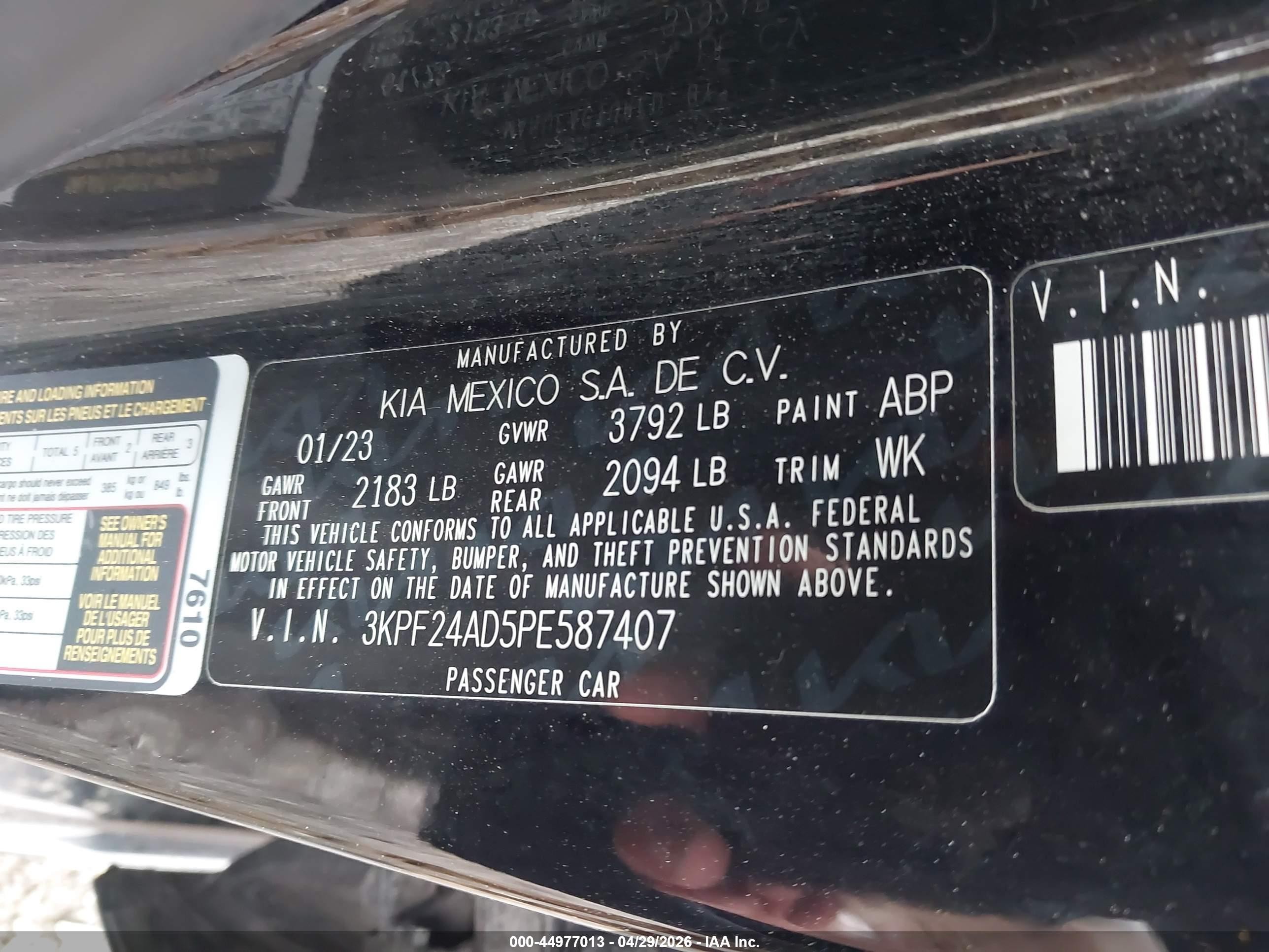 2023 Kia Forte Lxs Black vin: 3KPF24AD5PE587407