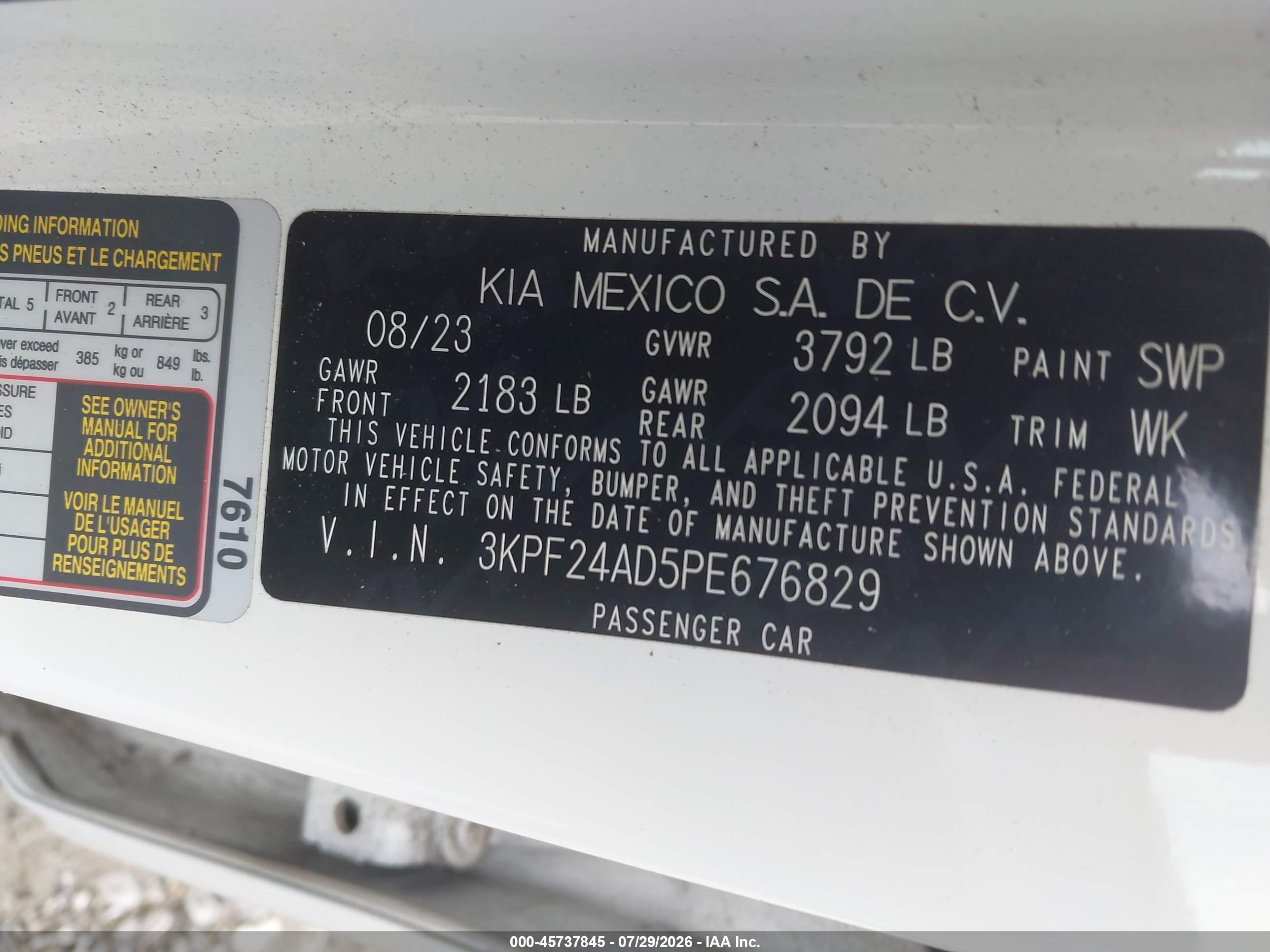 2023 Kia Forte Lxs White vin: 3KPF24AD5PE676829