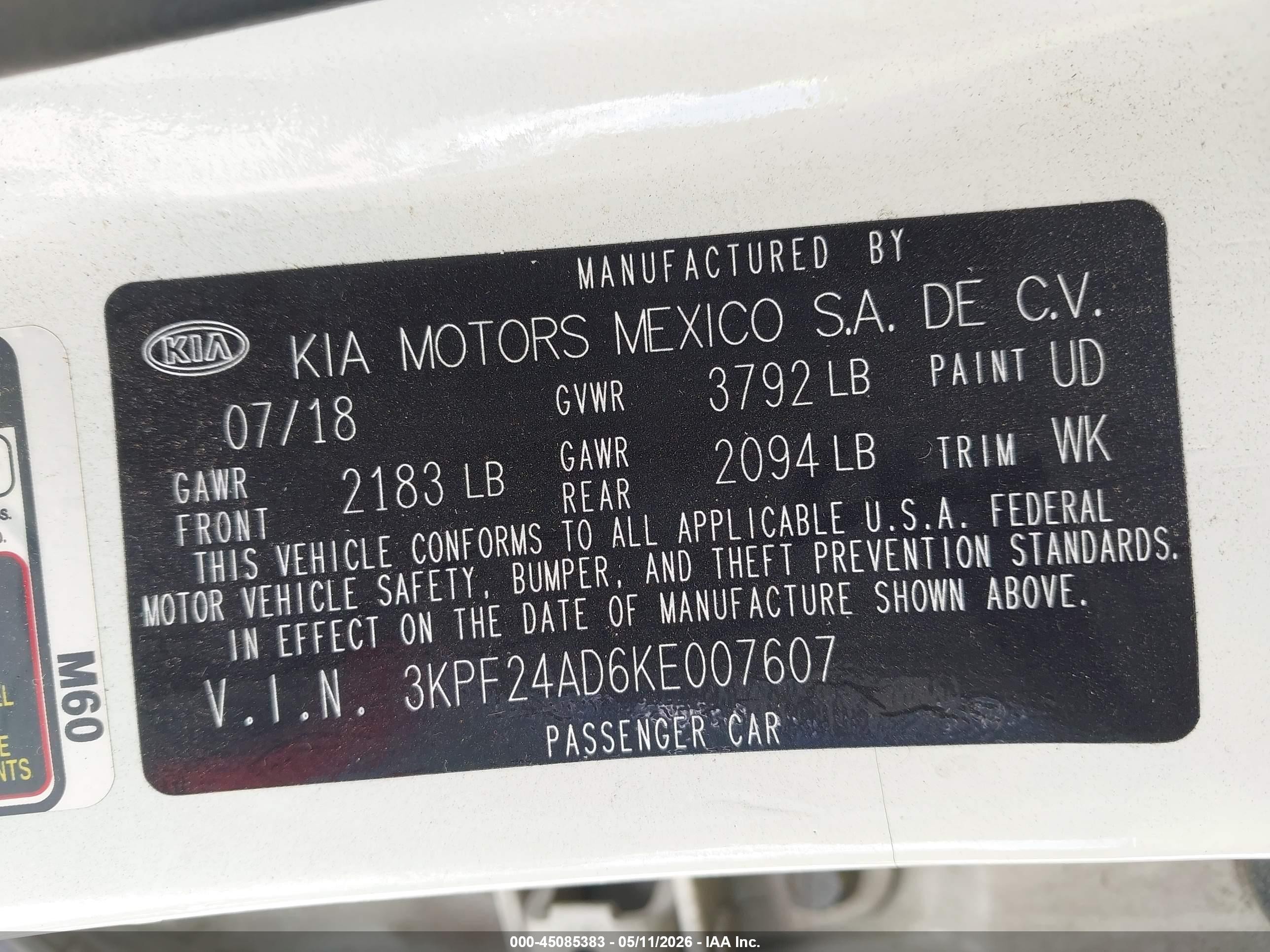 2019 Kia Forte Fe White vin: 3KPF24AD6KE007607
