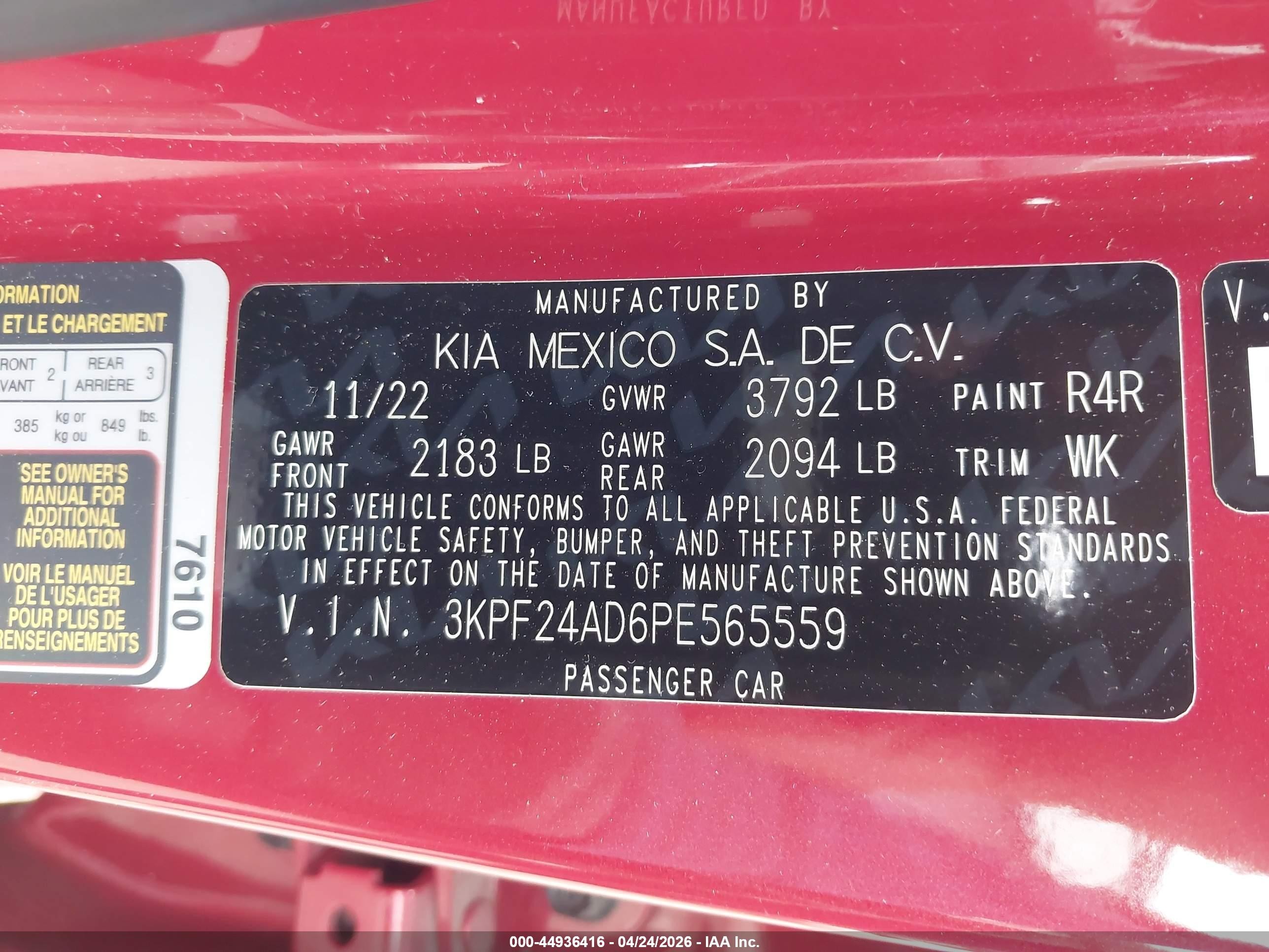 2023 Kia Forte Lxs Red vin: 3KPF24AD6PE565559