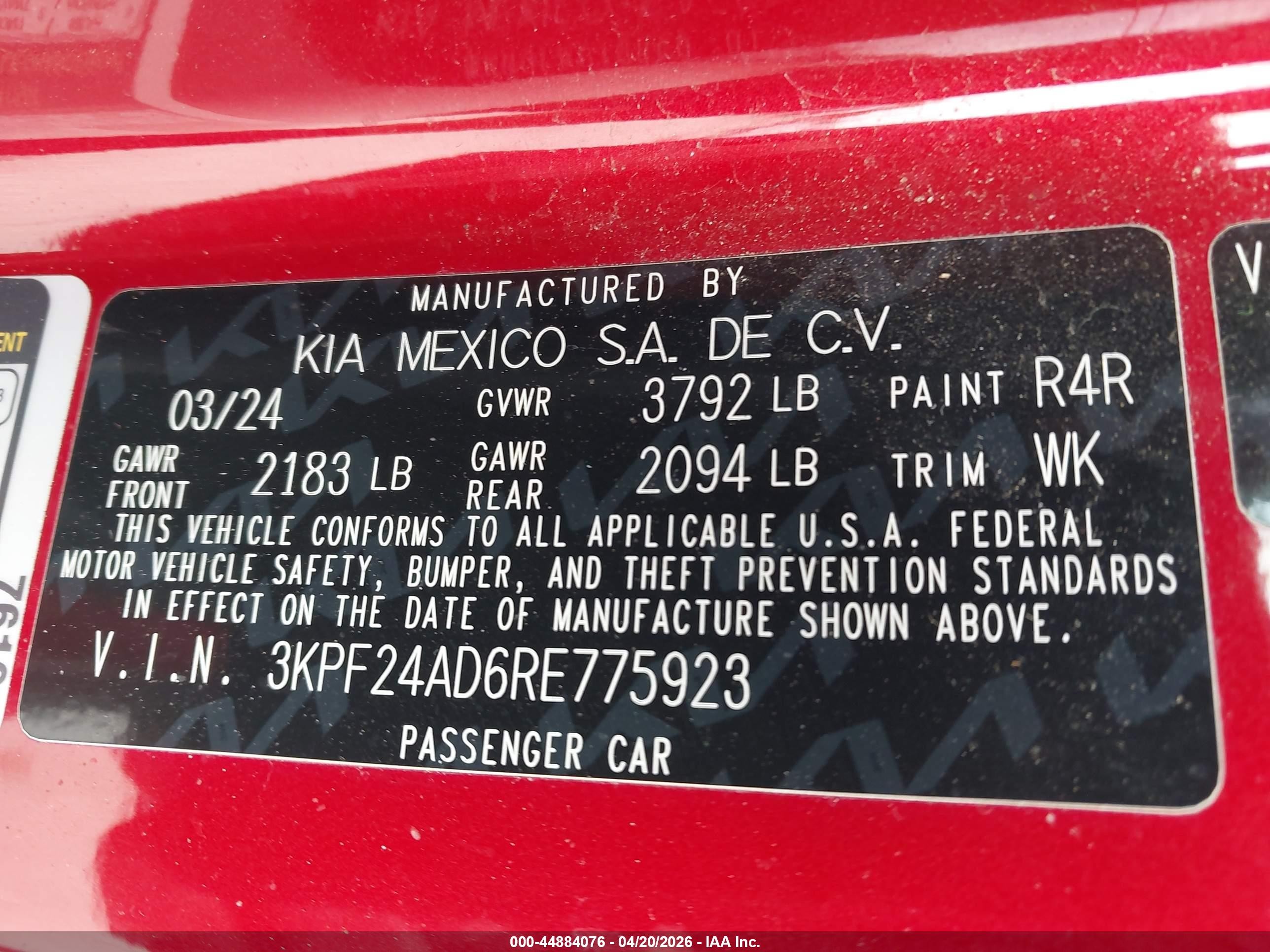2024 Kia Forte Lx/lxs Burgundy vin: 3KPF24AD6RE775923