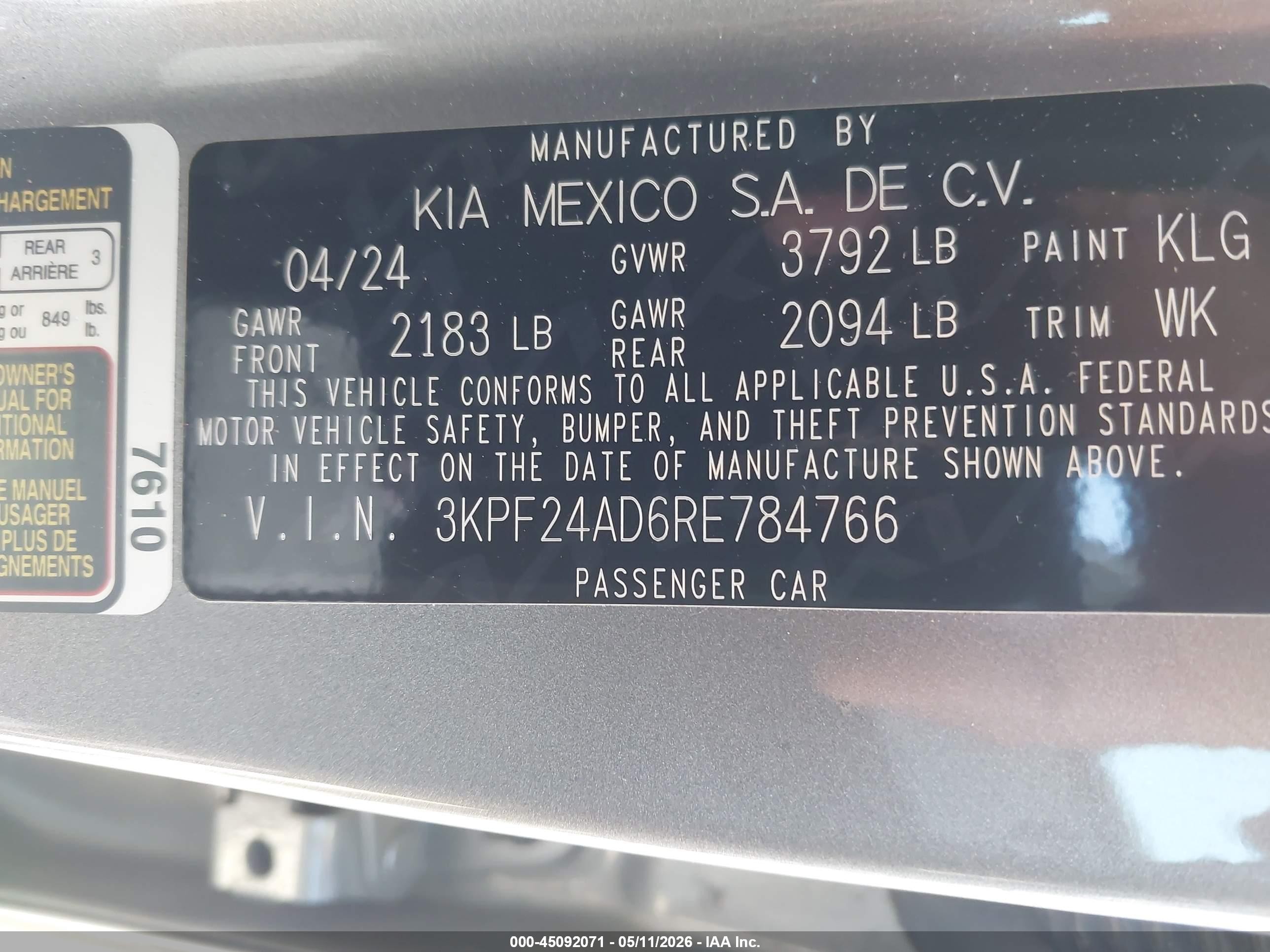 2024 Kia Forte Lxs Gray vin: 3KPF24AD6RE784766