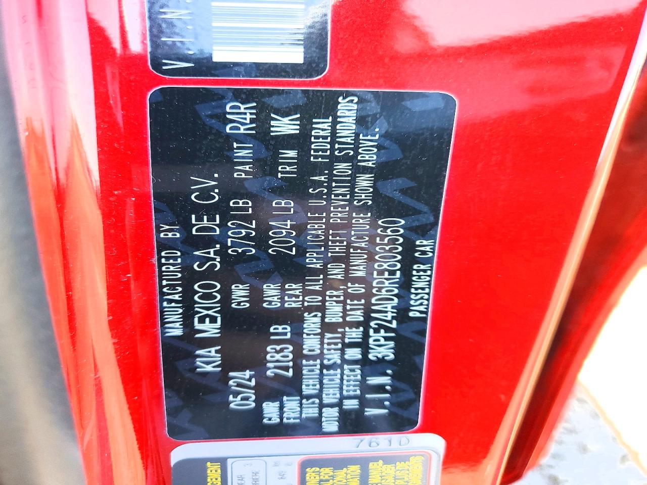 2024 Kia Forte Lxs Red vin: 3KPF24AD6RE803560