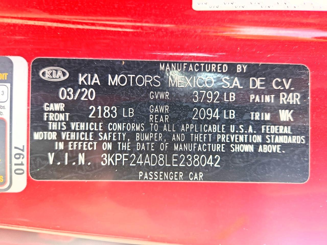 2020 Kia Forte Lxs Red vin: 3KPF24AD8LE238042