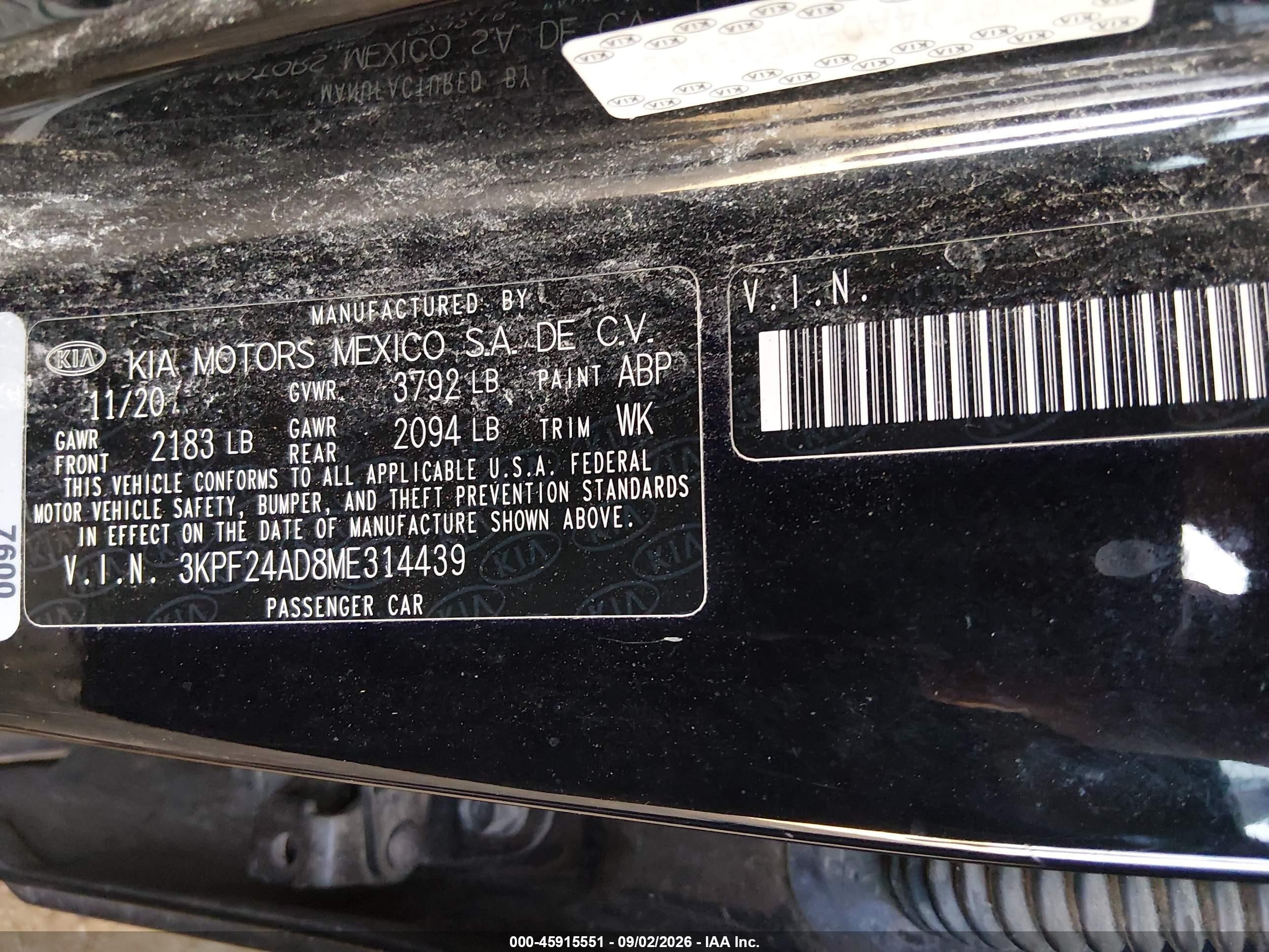 2021 Kia Forte Fe Black vin: 3KPF24AD8ME314439