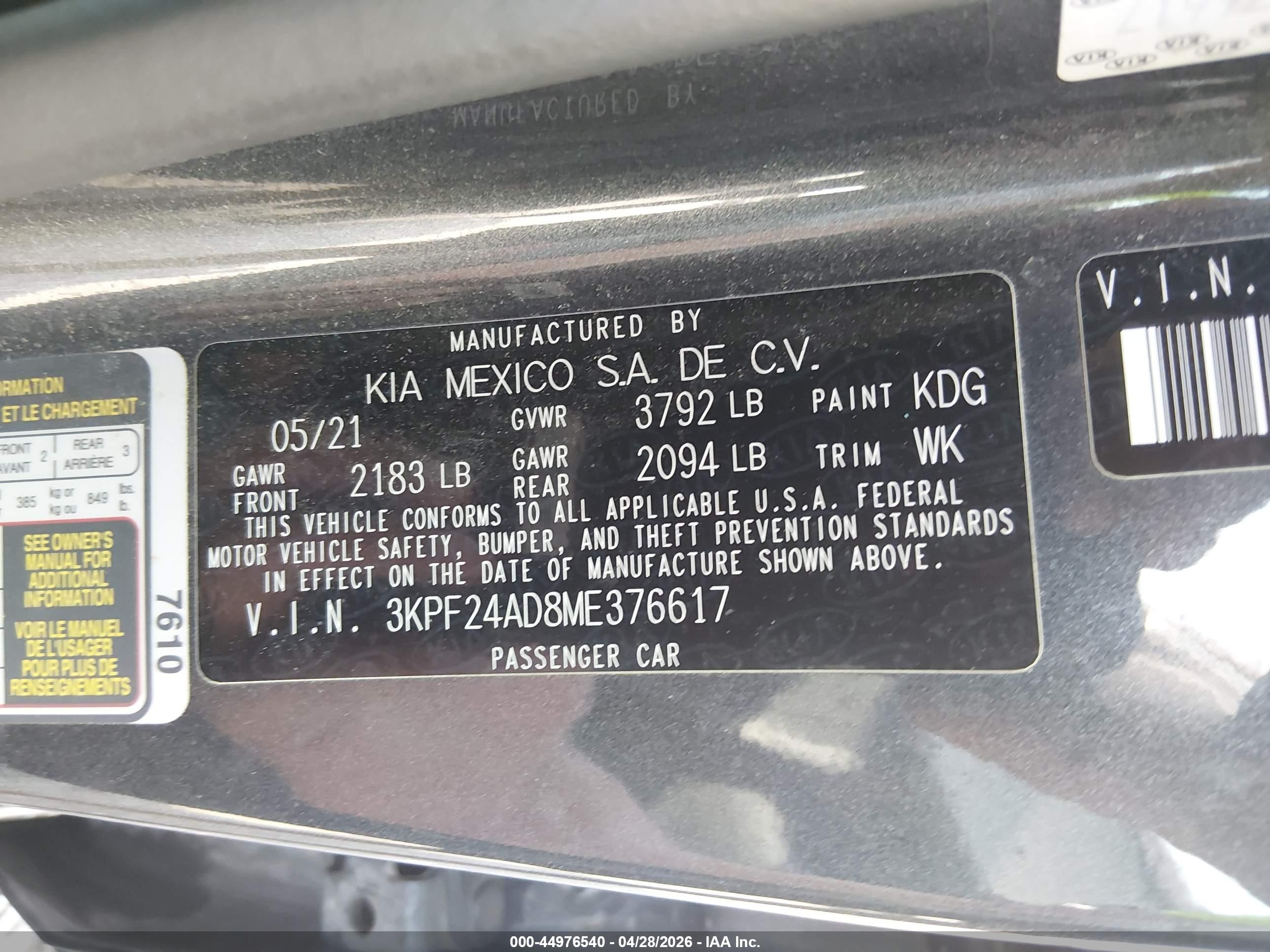 2021 Kia Forte Lxs Gray vin: 3KPF24AD8ME376617