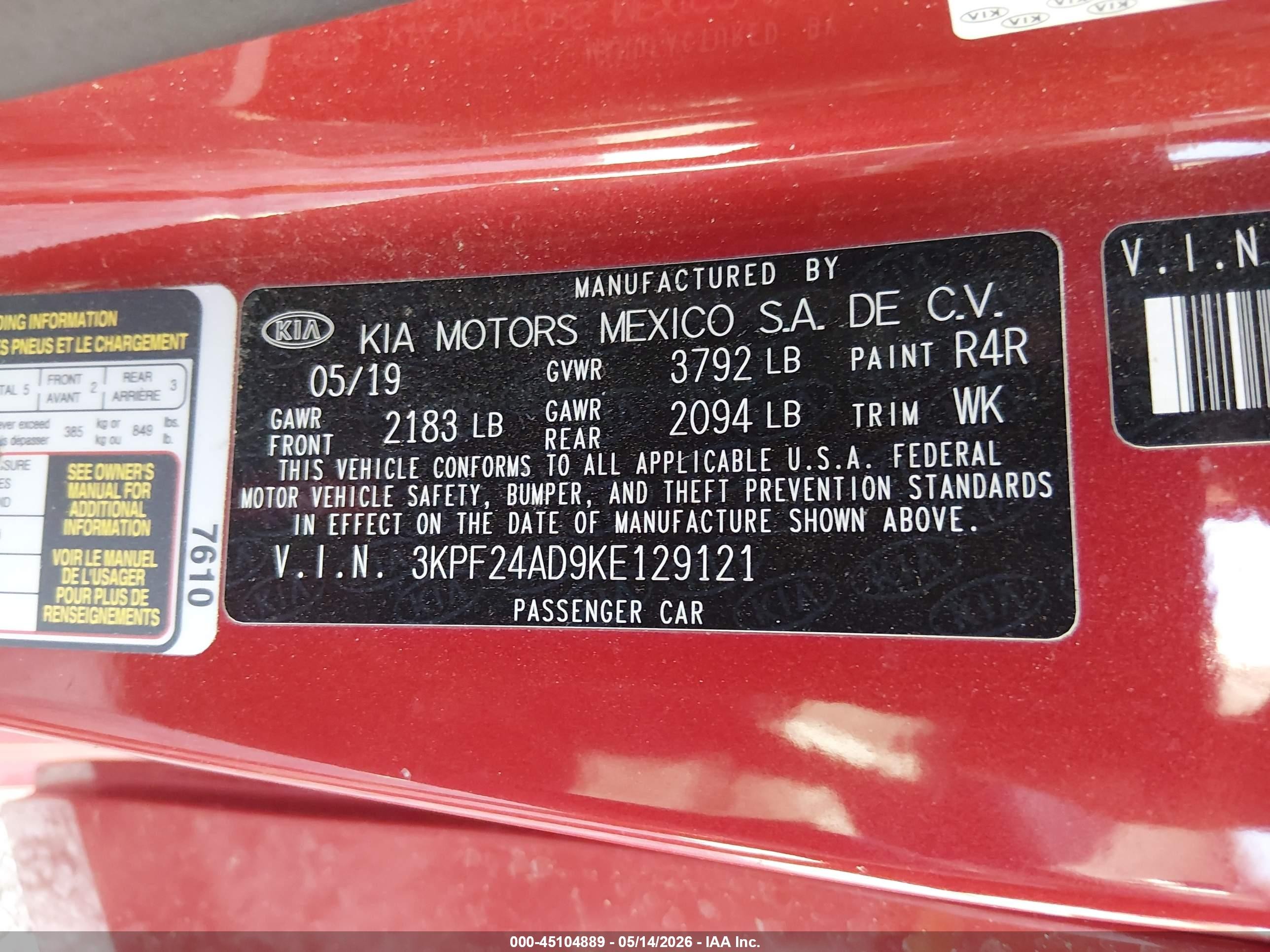 2019 Kia Forte Lxs Red vin: 3KPF24AD9KE129121
