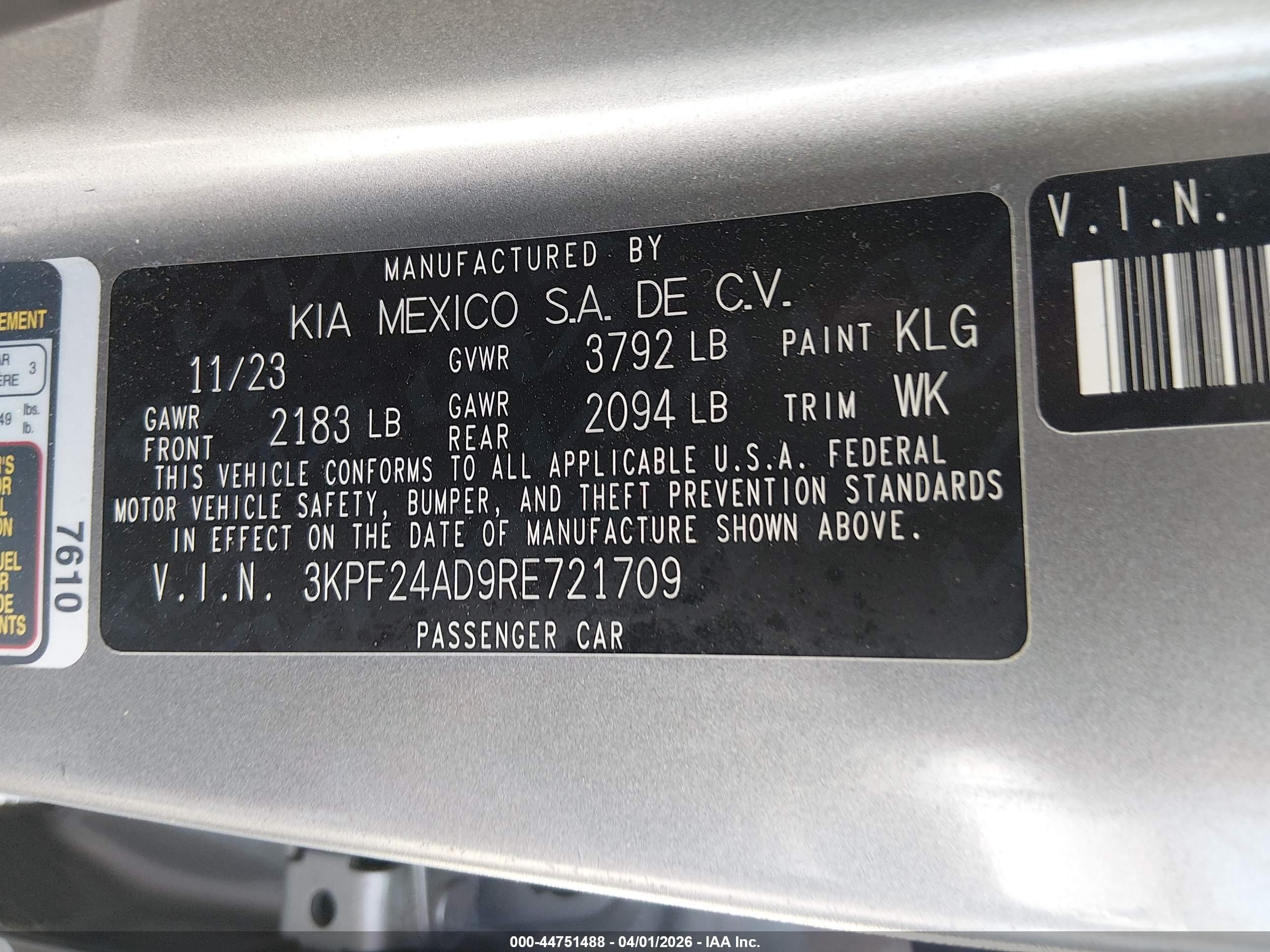 2024 Kia Forte Lxs Gray vin: 3KPF24AD9RE721709
