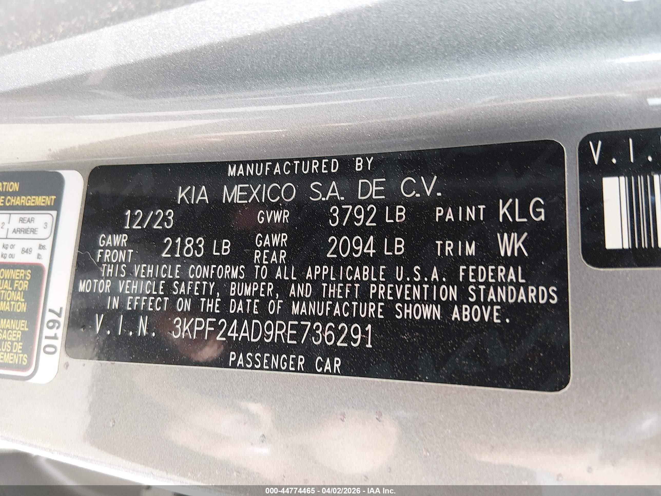 2024 Kia Forte Lxs Gray vin: 3KPF24AD9RE736291