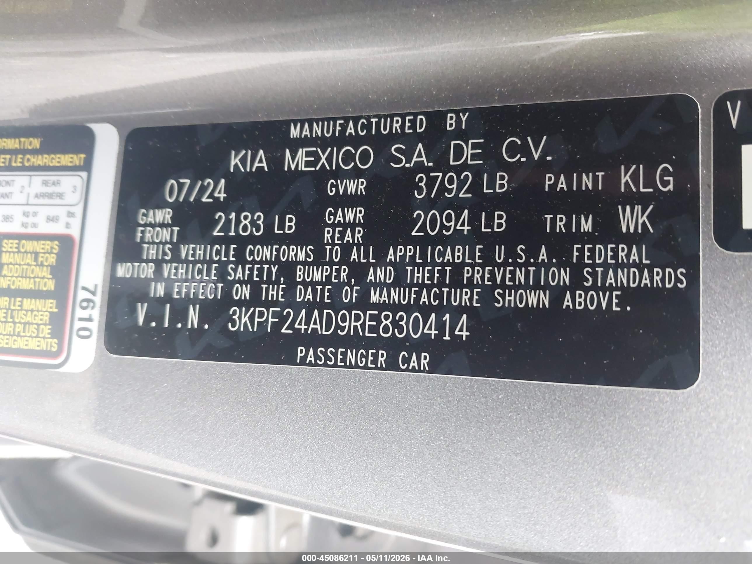 2024 Kia Forte Lxs Gray vin: 3KPF24AD9RE830414