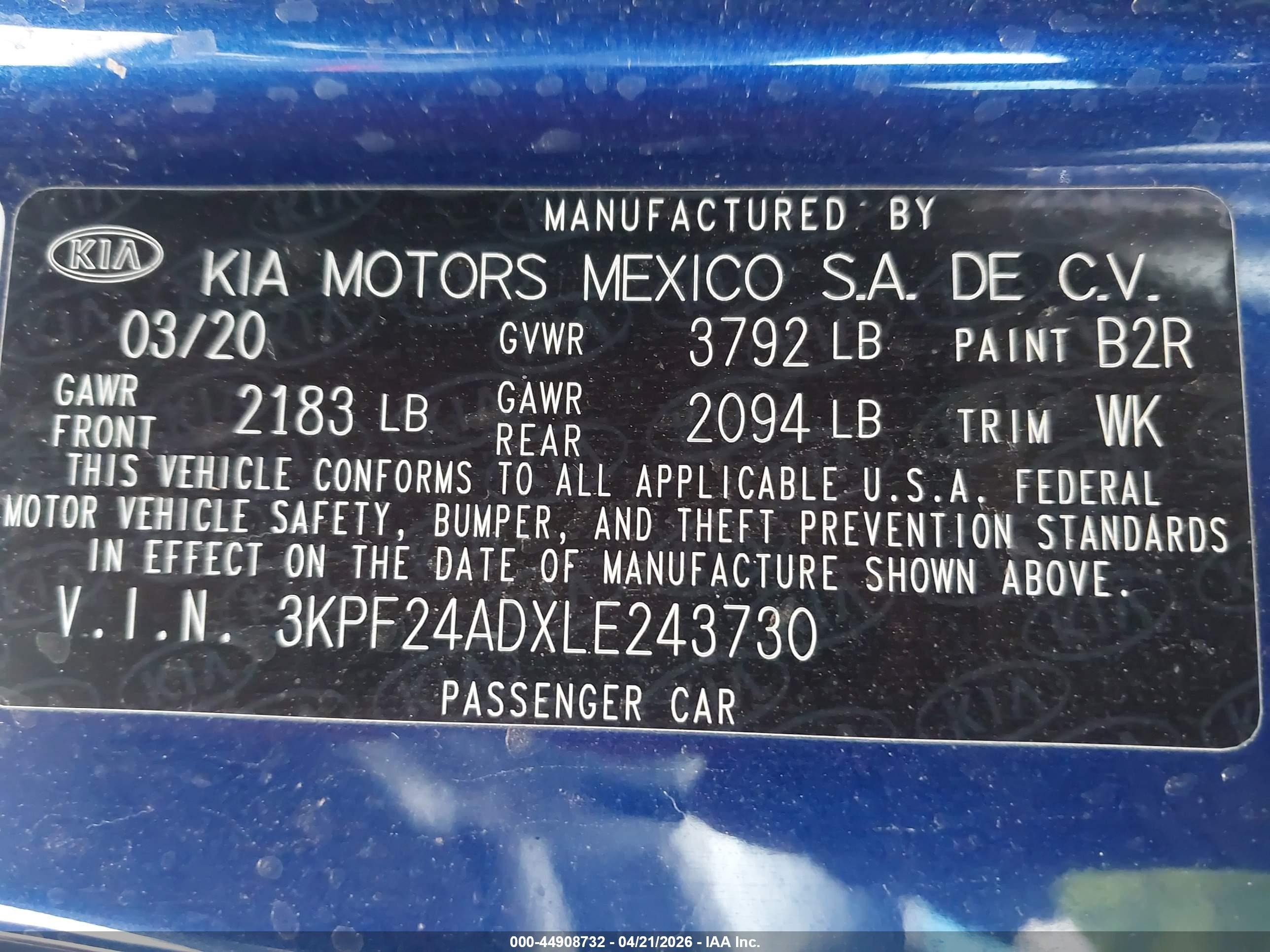 2020 Kia Forte Lxs Blue vin: 3KPF24ADXLE243730