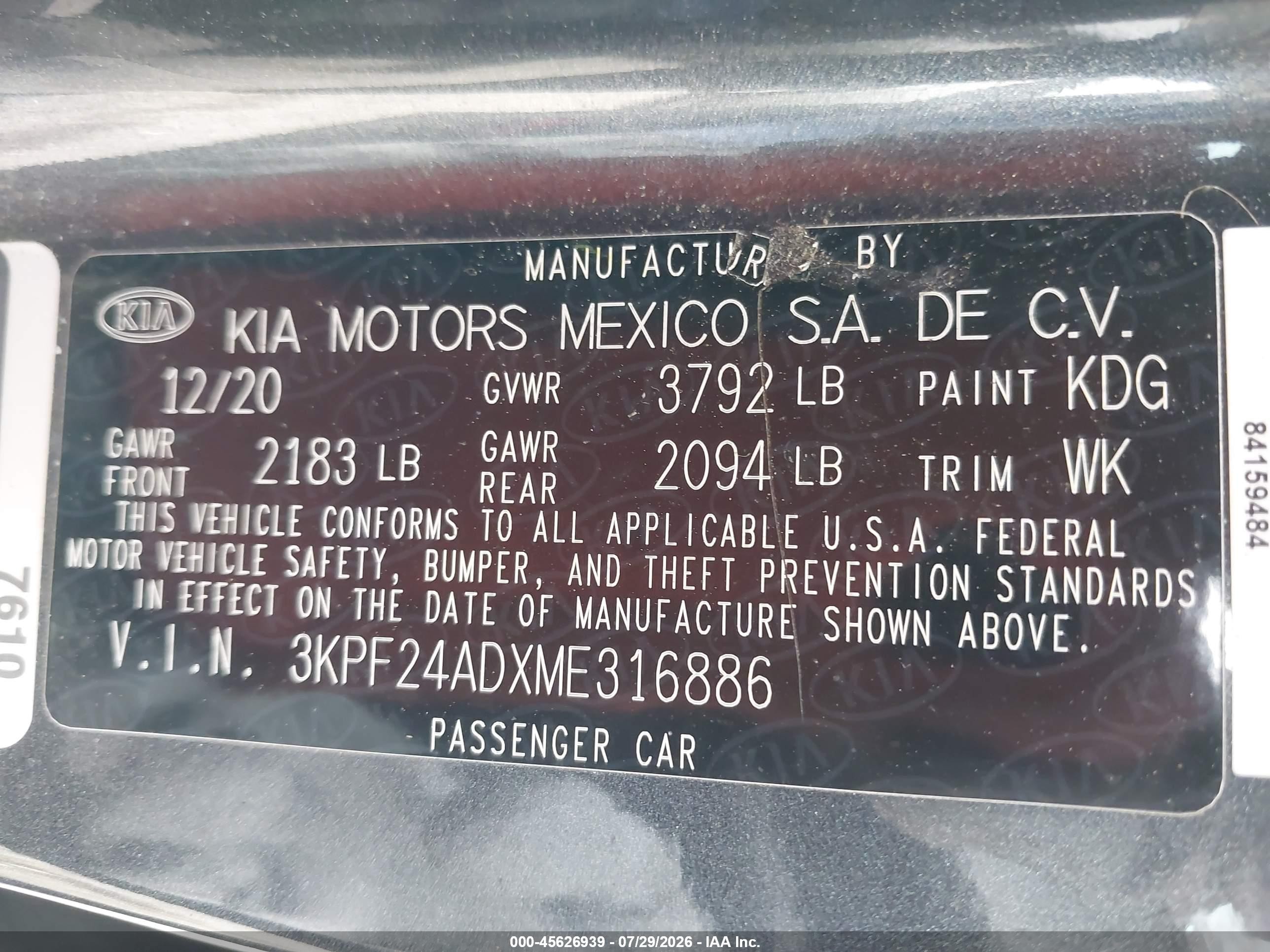 2021 Kia Forte Lxs Gray vin: 3KPF24ADXME316886
