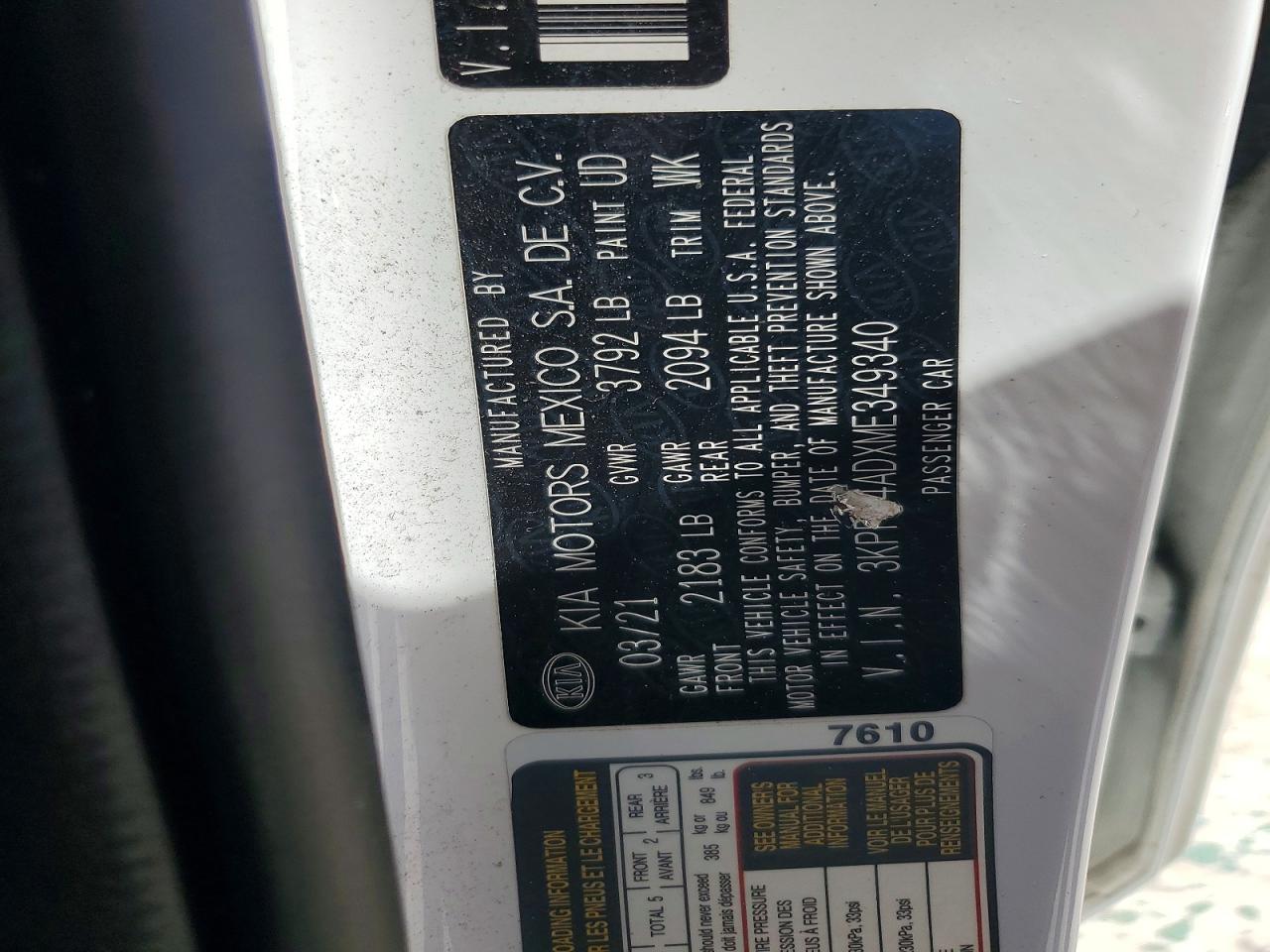 2021 Kia Forte White vin: 3KPF24ADXME349340
