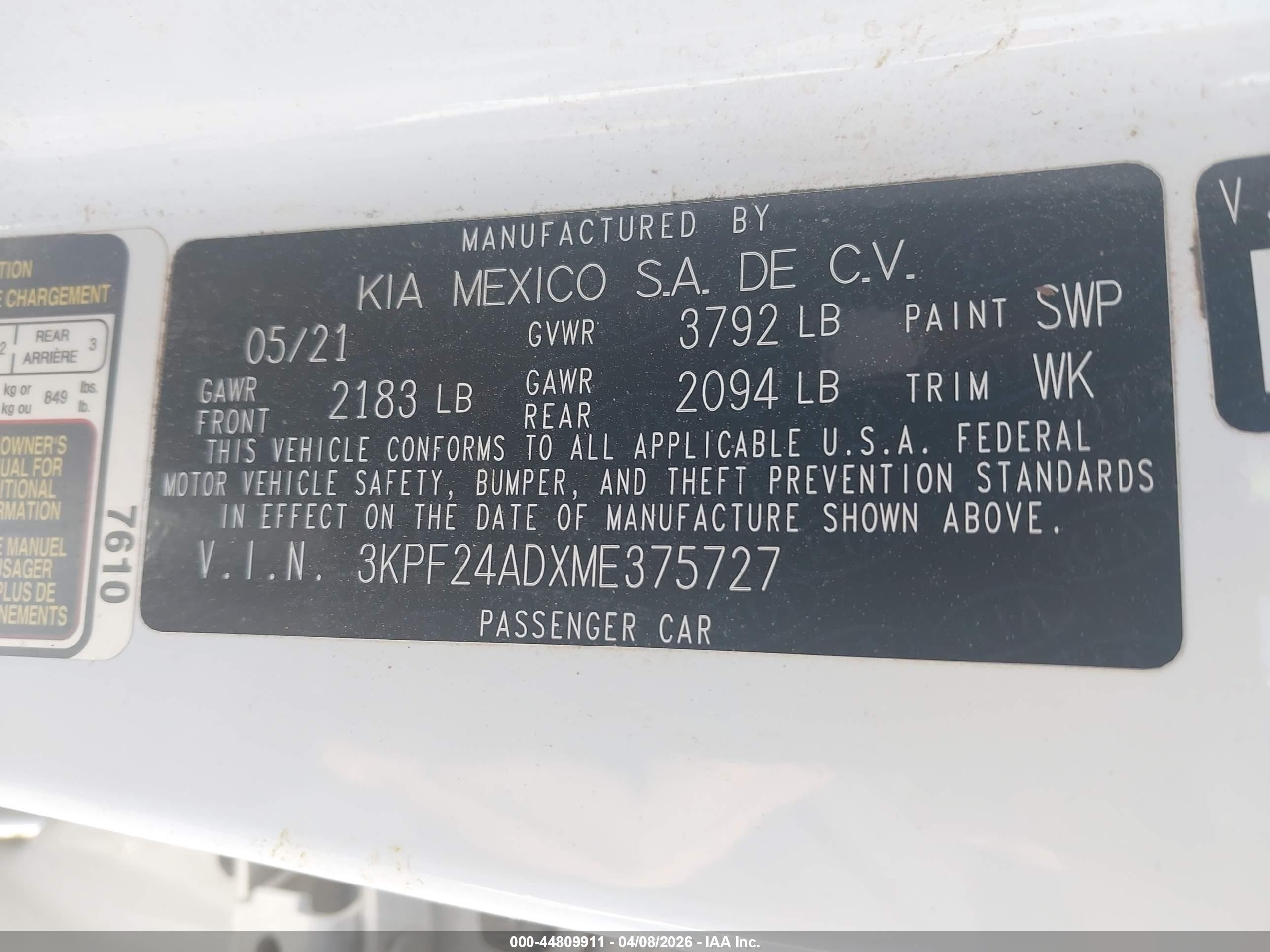 2021 Kia Forte Lxs White vin: 3KPF24ADXME375727