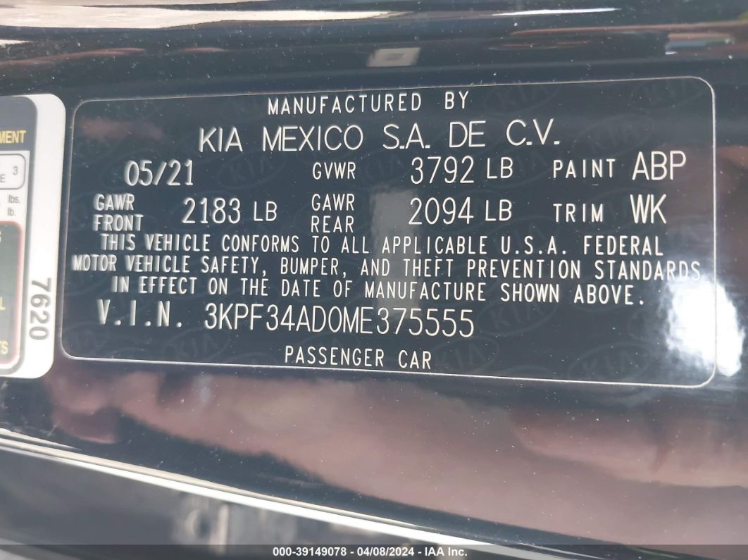 2021 Kia Forte Gt-line Black vin: 3KPF34AD0ME375555