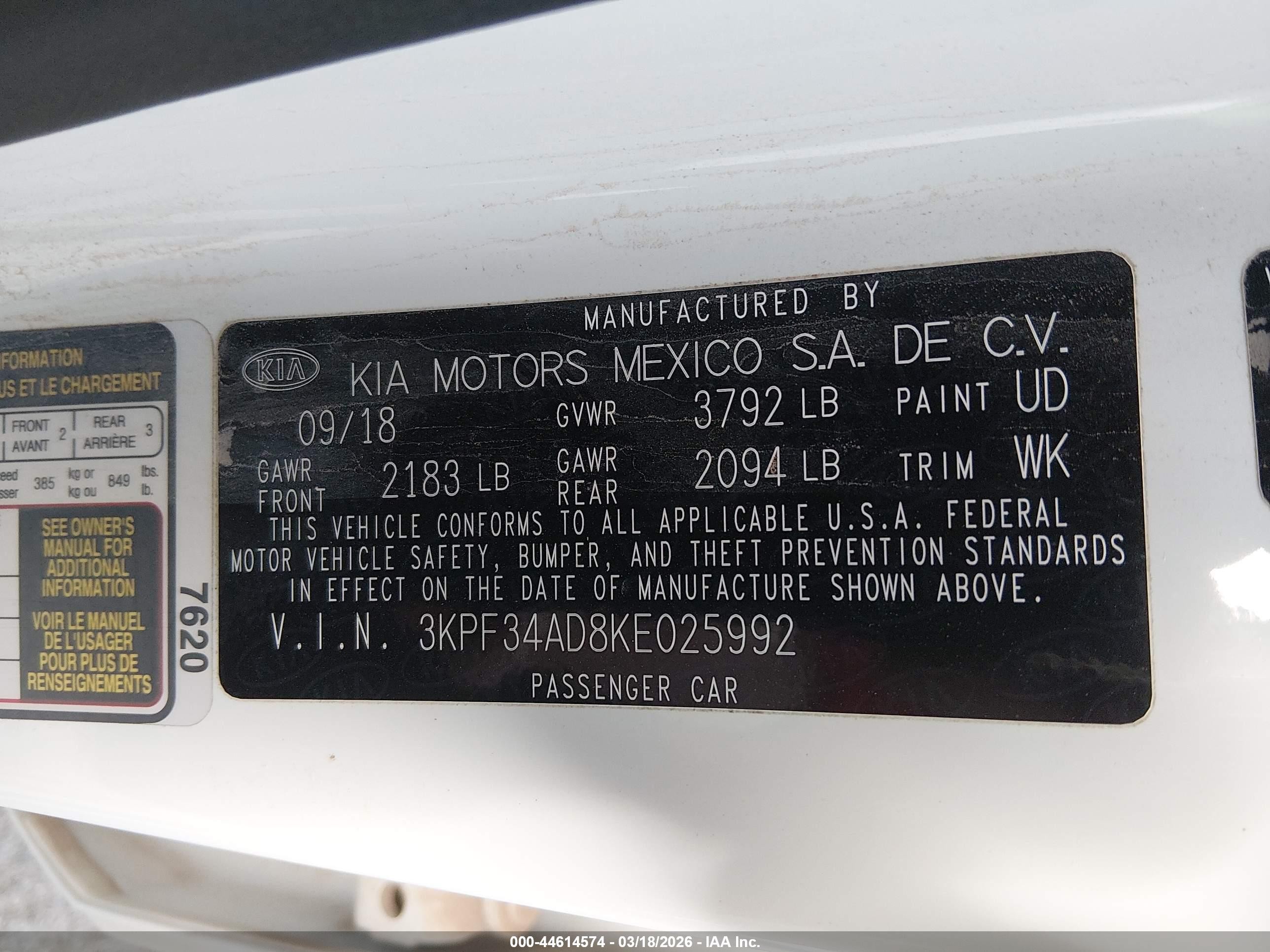 2019 Kia Forte S White vin: 3KPF34AD8KE025992