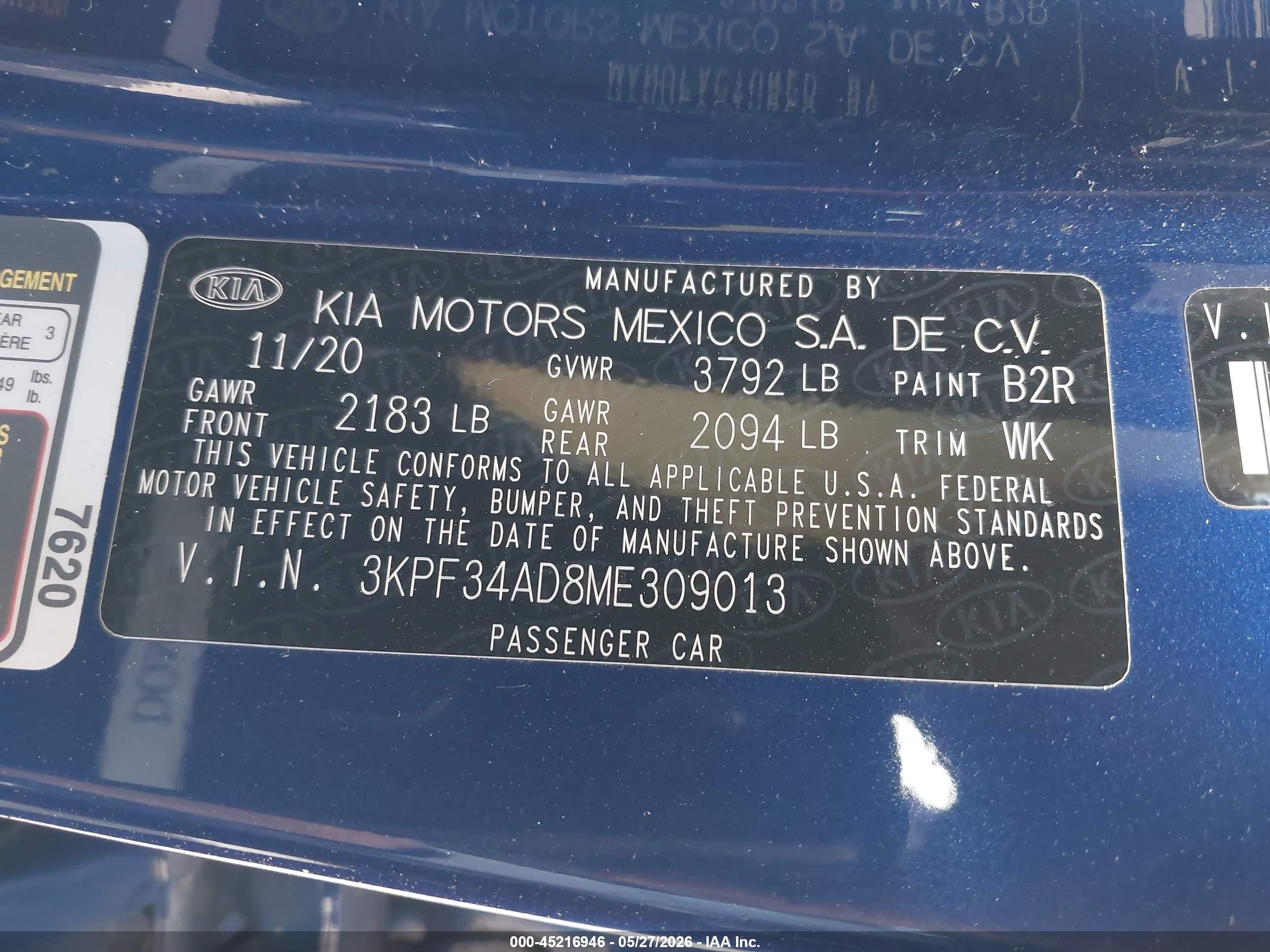 2021 Kia Forte Gt-line Blue vin: 3KPF34AD8ME309013
