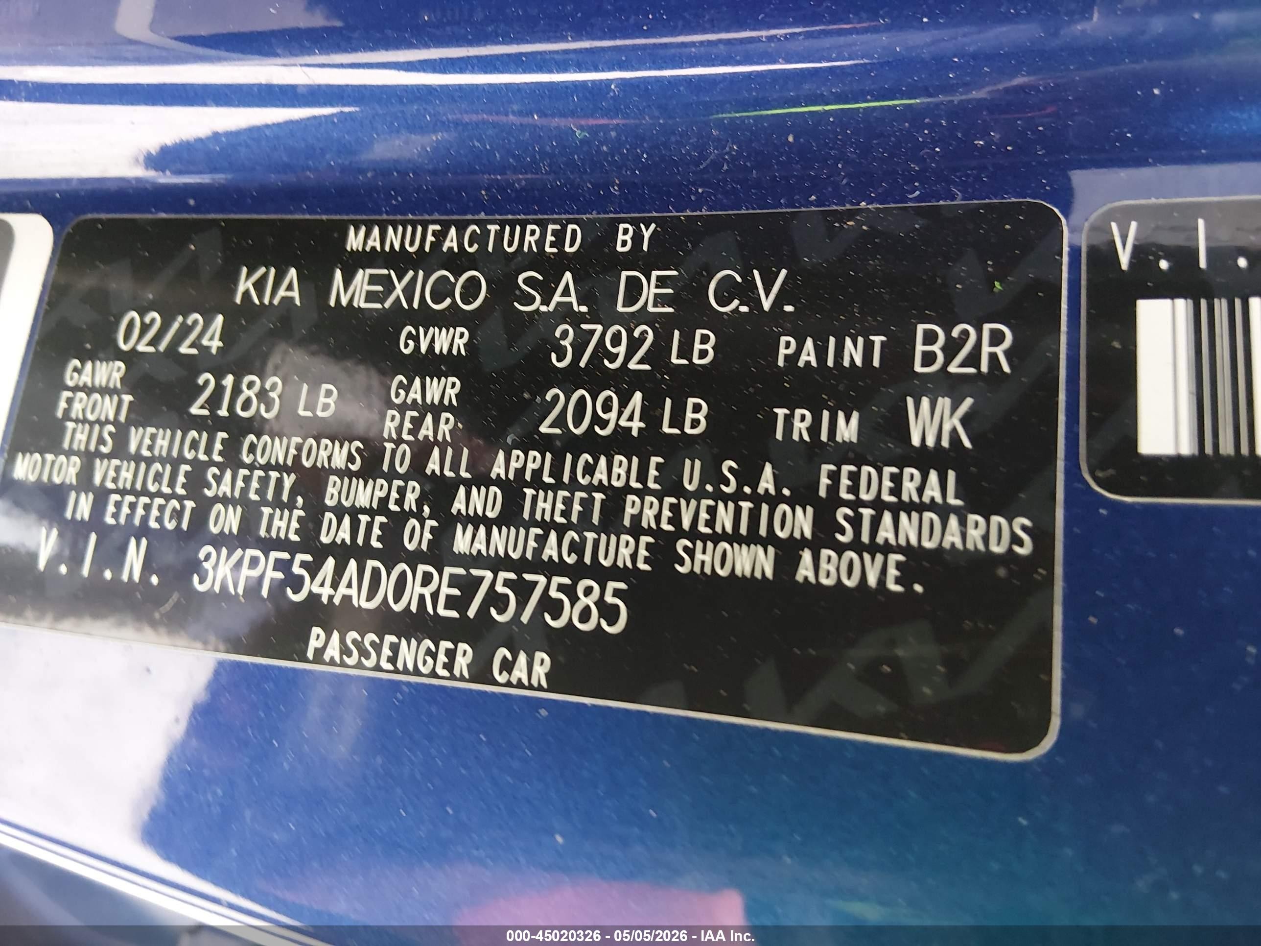 2024 Kia Forte Gt-line Blue vin: 3KPF54AD0RE757585