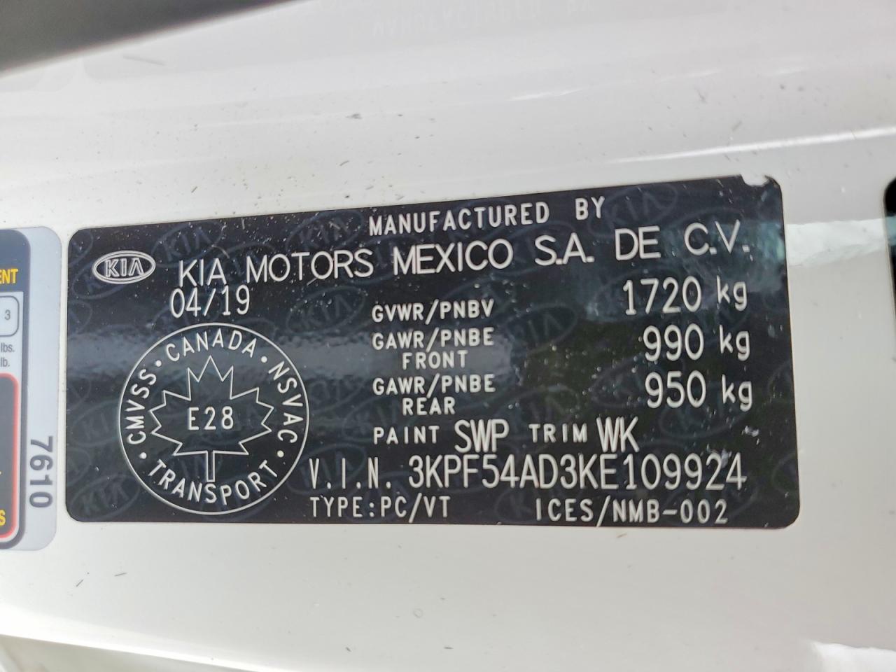 2019 Kia Forte Ex White vin: 3KPF54AD3KE109924