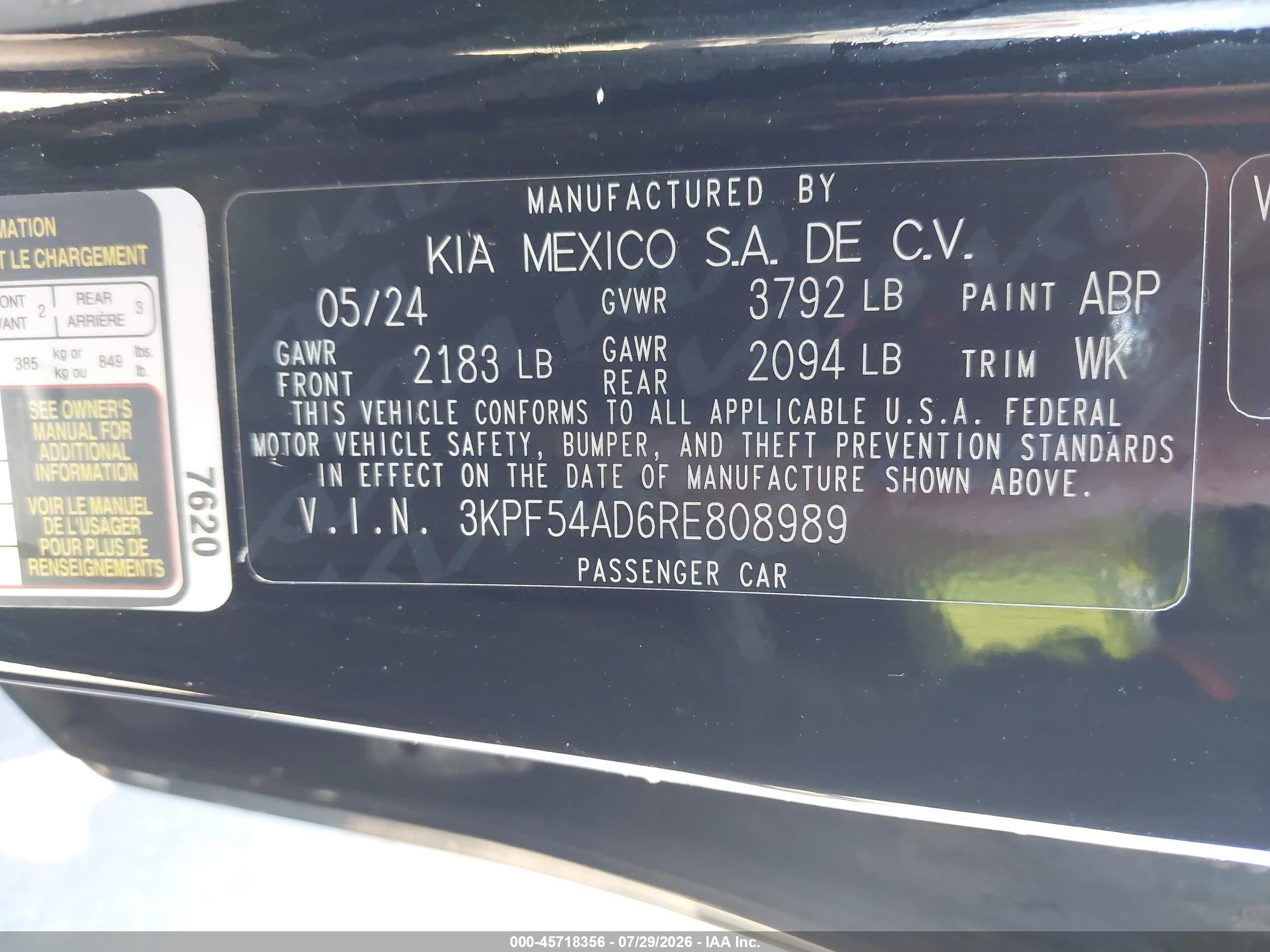 2024 Kia Forte Gt-line Black vin: 3KPF54AD6RE808989