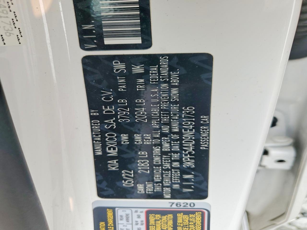 2022 Kia Forte Gt Line White vin: 3KPF54AD9NE491736