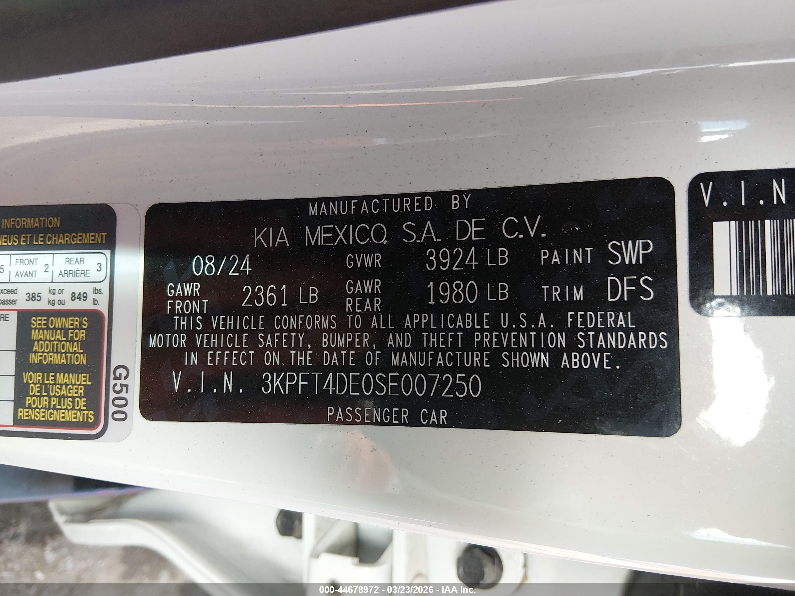 2025 Kia K4 Lxs White vin: 3KPFT4DE0SE007250
