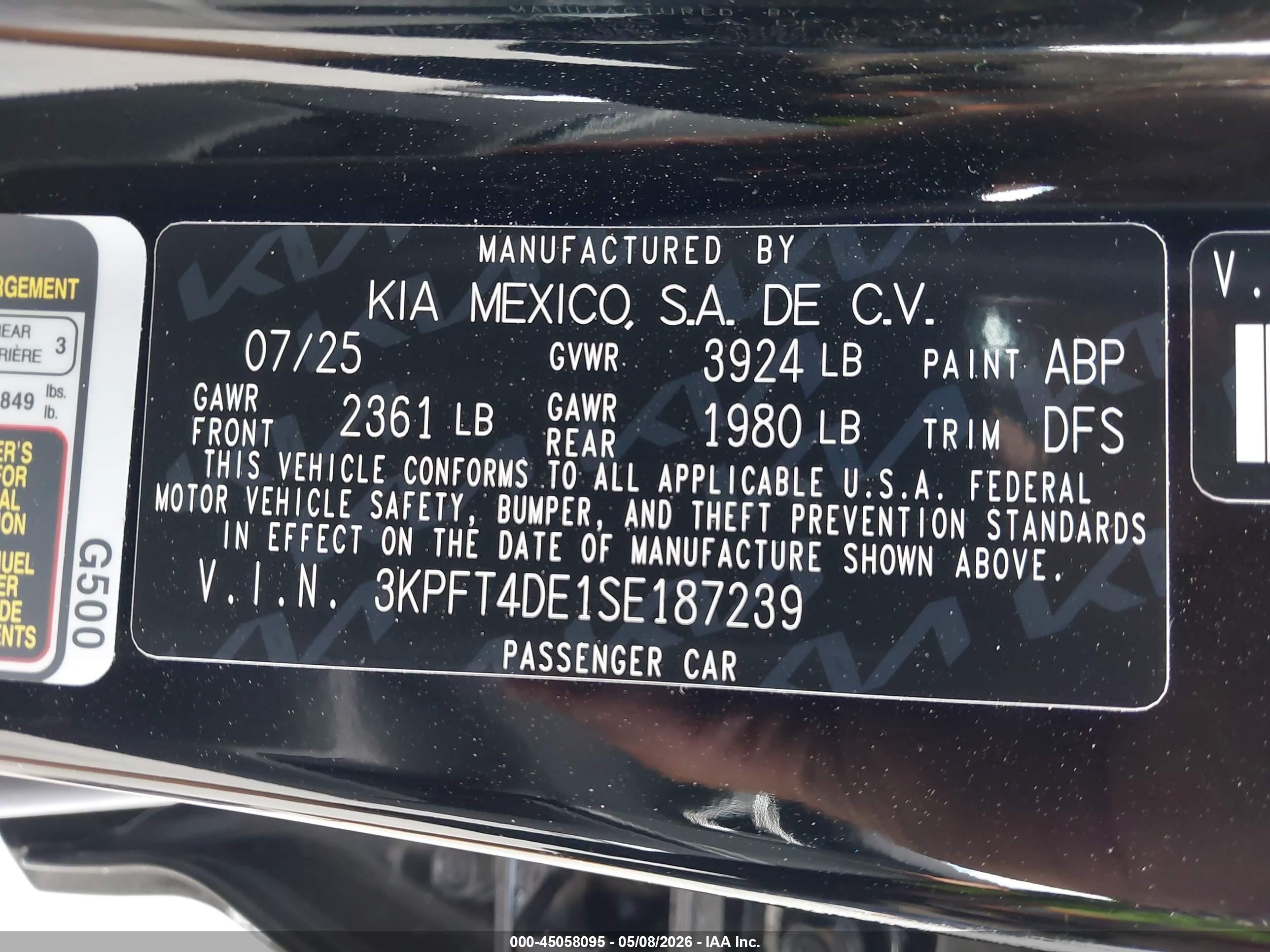 2025 Kia K4 Lxs Black vin: 3KPFT4DE1SE187239