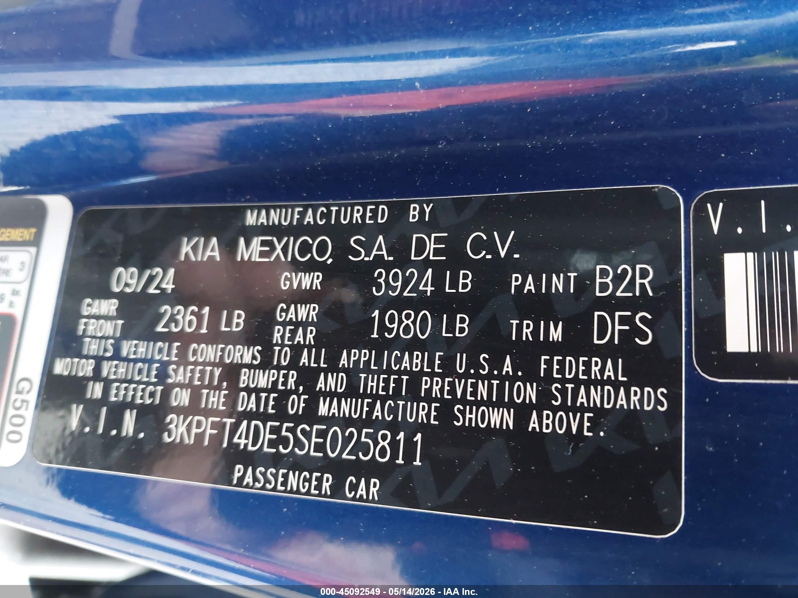 2025 Kia K4 Lxs Blue vin: 3KPFT4DE5SE025811